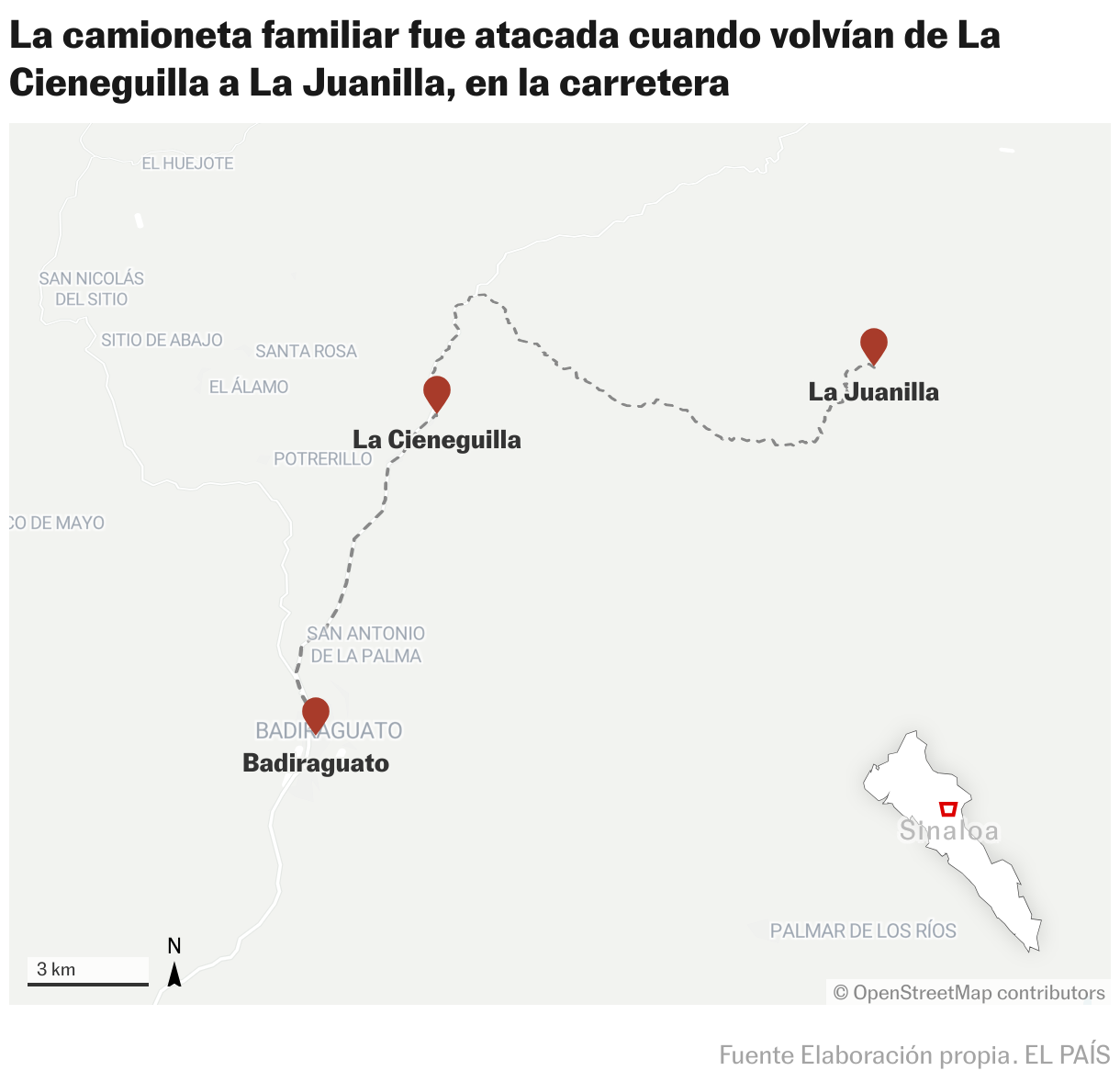 La camioneta familiar fue atacada cuando volvían de La Cieneguilla a La Juanilla, en la carretera (Mapas de ubicación)