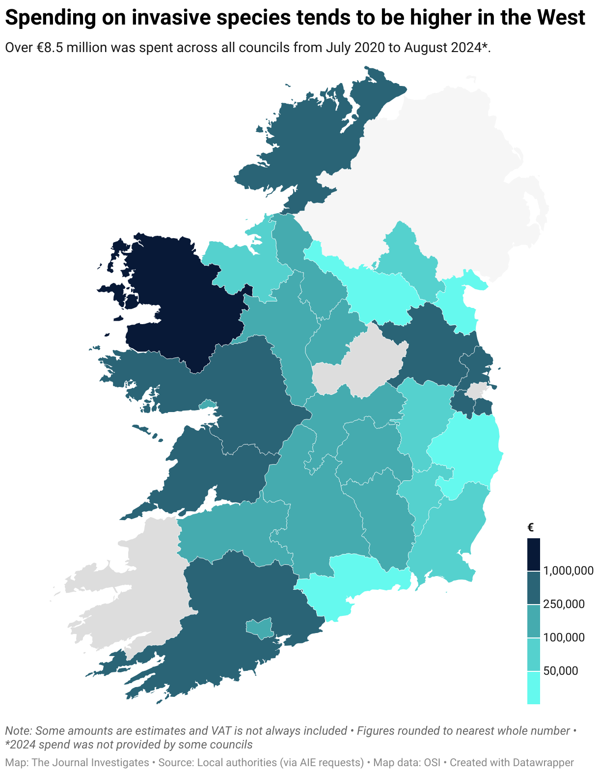 Map showing how invasive species management tends to cost councils along the west coast more, with Mayo and Cork having the highest cost in recent years.