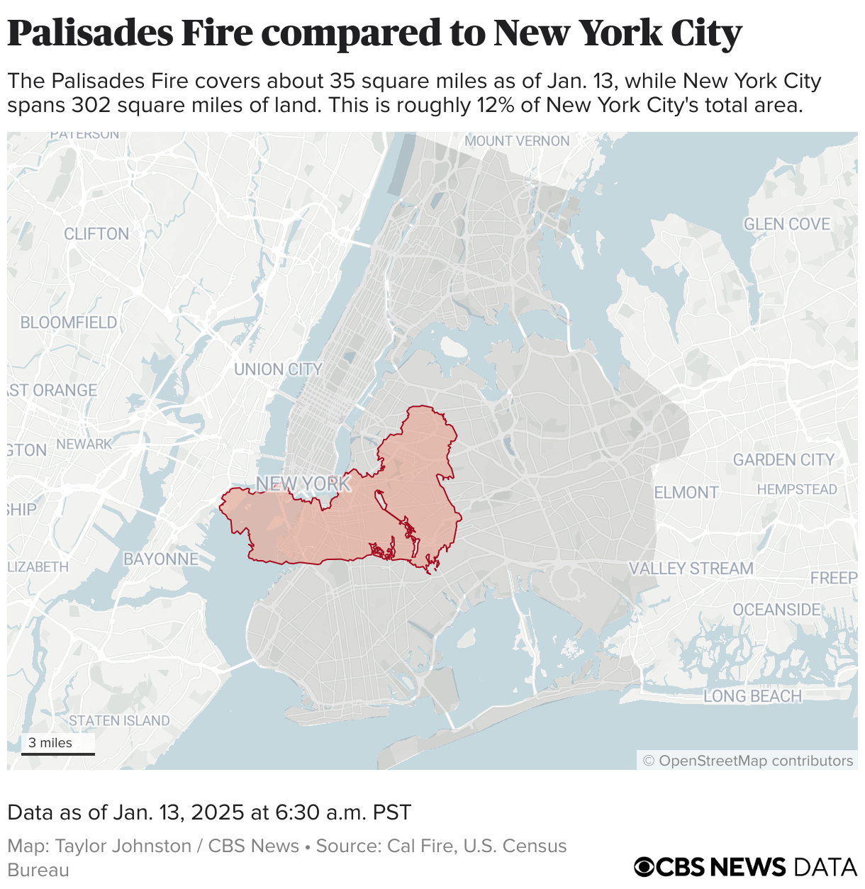 Perimeter of the Palisades Fire placed on New York City.