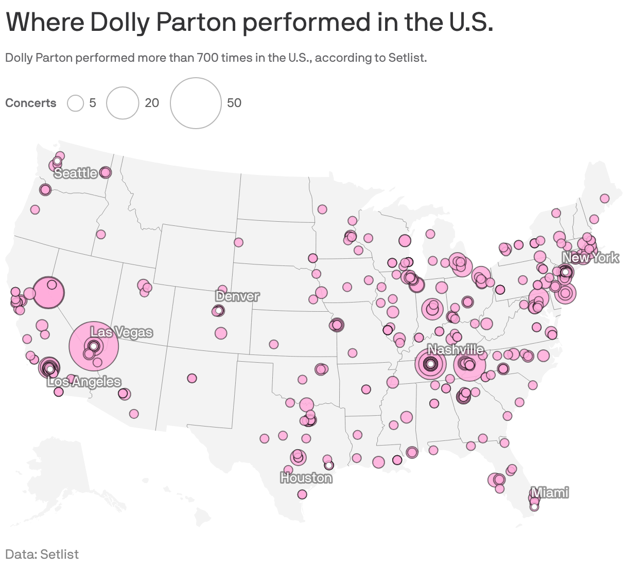 U.S. map shows the 706 locations where Dolly Parton performed during her career.