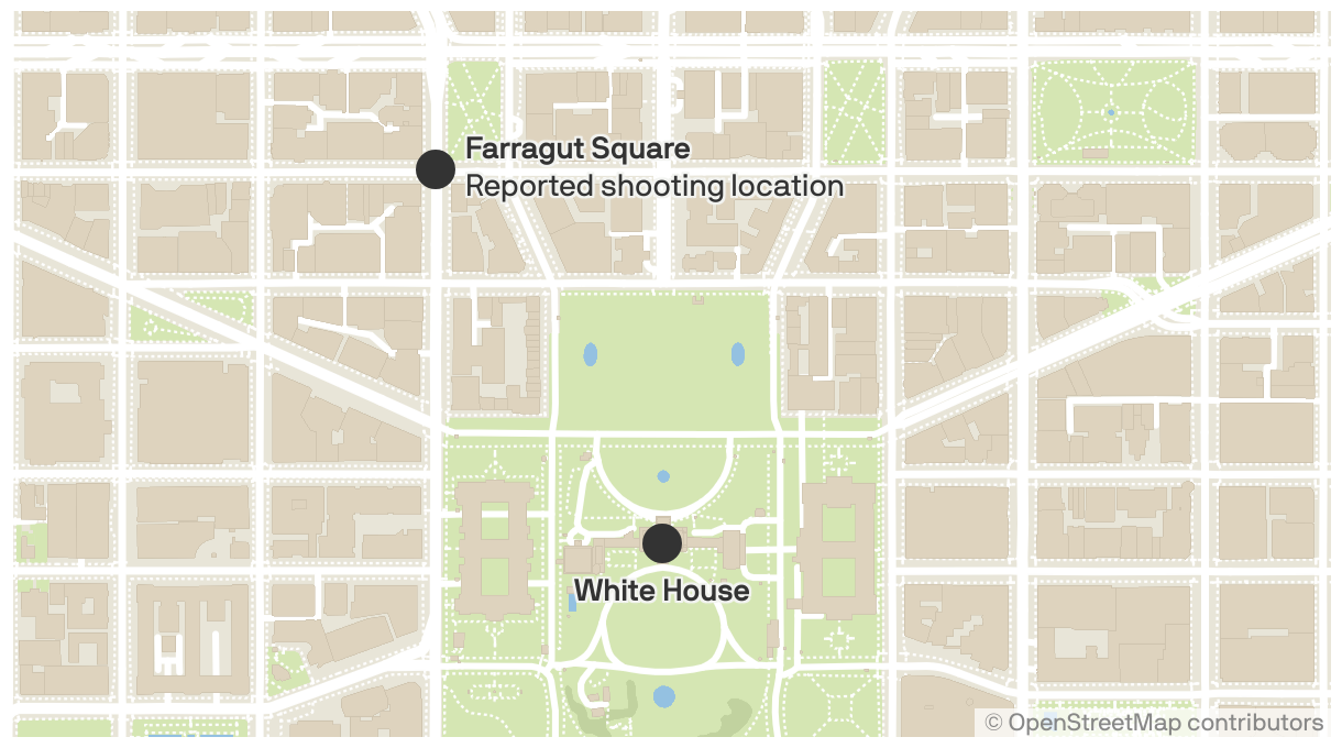 A map of Washington, D.C., showing the location of a reported shooting near Farragut Square, north of the White House, on Nov. 26, 2025.