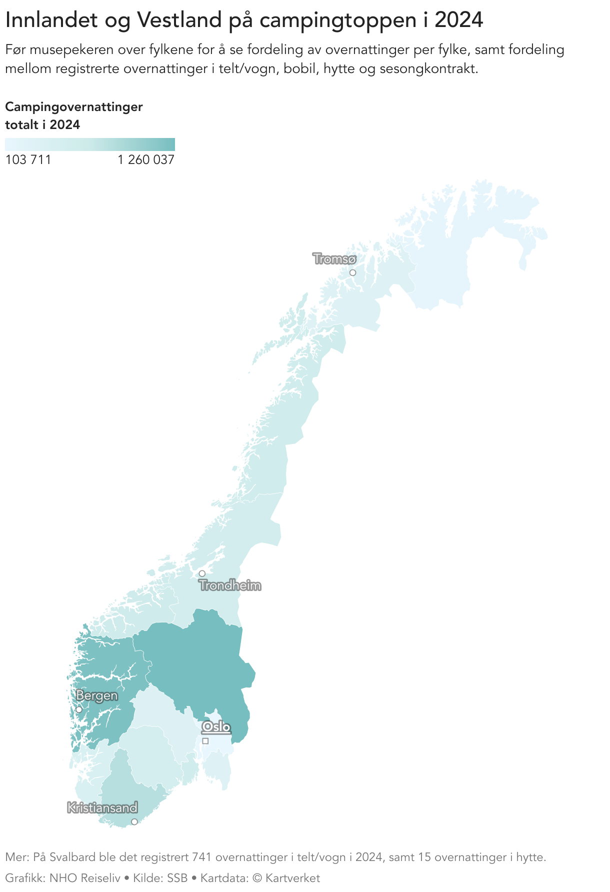 Innlandet og Vestland på campingtoppen i 2024 (Choropleth map)