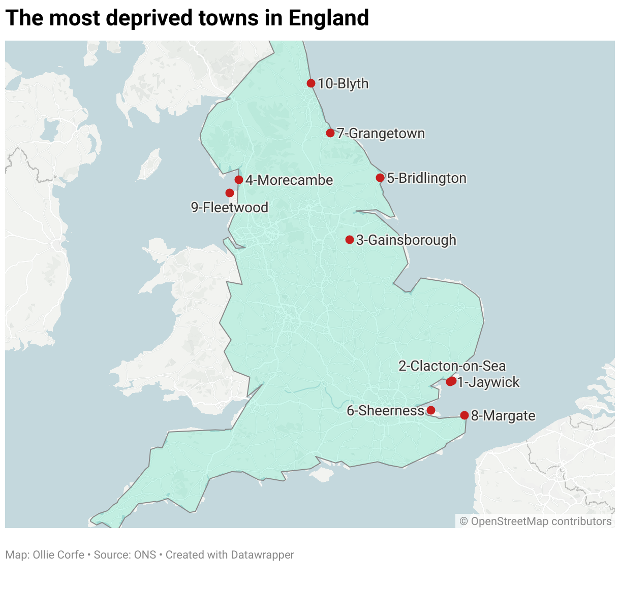 Map of deprived towns in England.