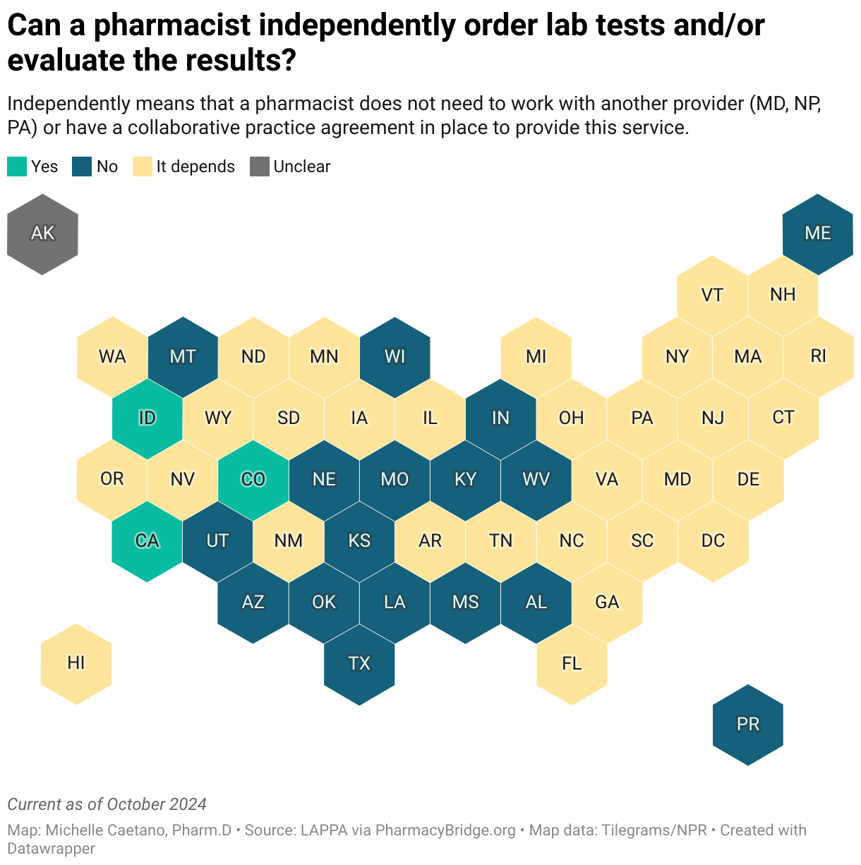 Can a pharmacist independently order lab tests and/or evaluate the results? (Choropleth map)