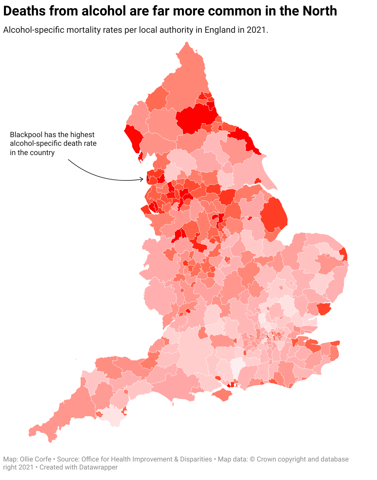 Map of England's local authorities coloured by alcohol-specific mortality rate.