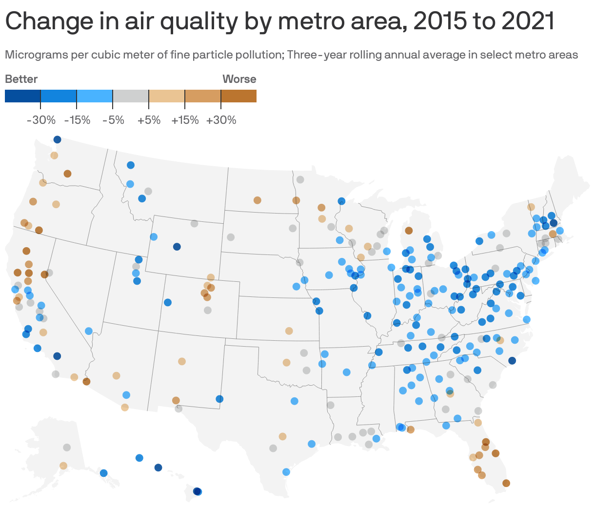 Change in air quality by metro area, 2015 to 2021