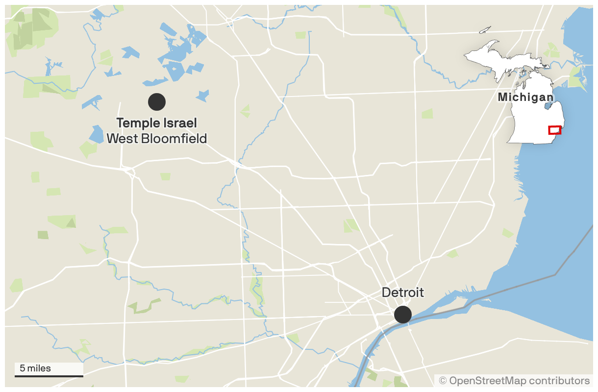 A map showing the location of Temple Israel synagogue in West Bloomfield, Michigan, about 30 miles northwest of Detroit.