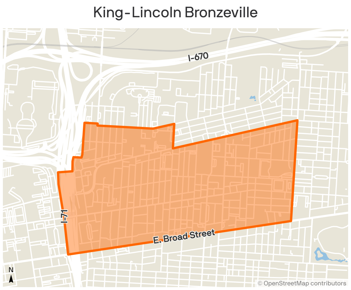 A map of Columbus, Ohio showing the King-Lincoln Bronzeville neighborhood in orange. The neighborhood is surrounded by East Broad Street to the south, I-71 to the west and I-670 to the north.