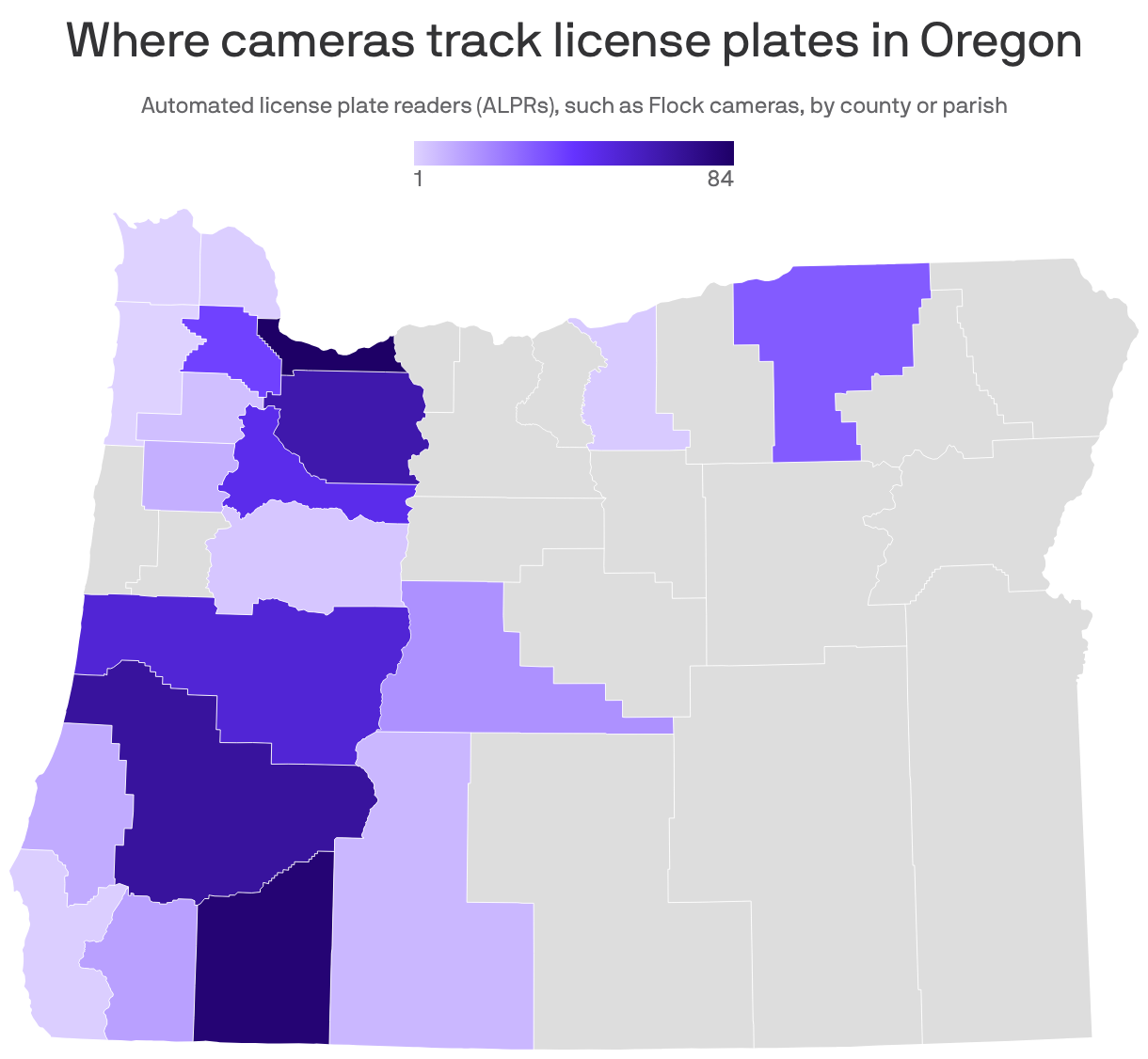 A map showing in the number of ALPR cameras in each county in the state. Darker shades represent more cameras, lighter shades represent fewer, and gray means there have been no cameras reported in that county.
