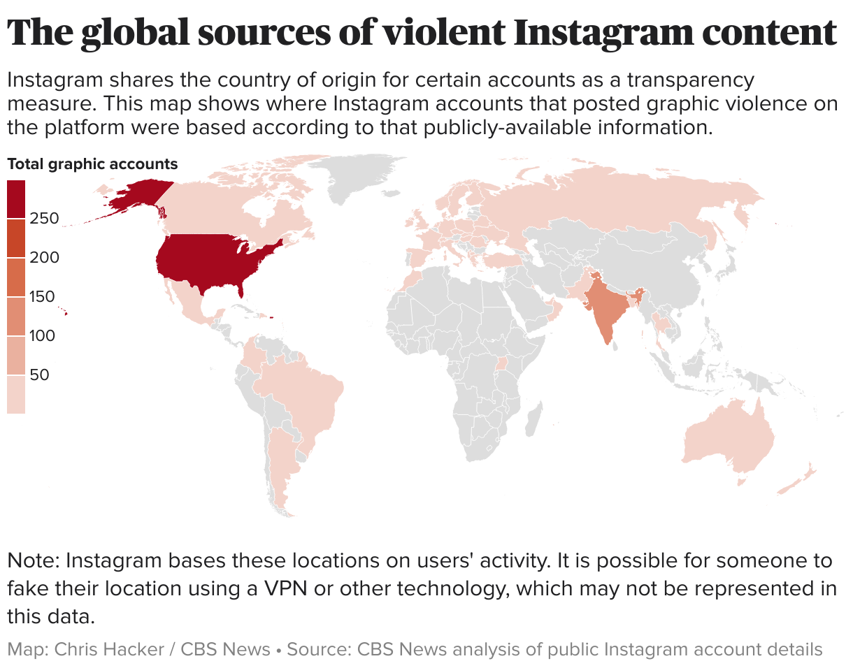 World map showing where Instagram accounts that posted graphic violence on the platform were based according to publicly-available information.