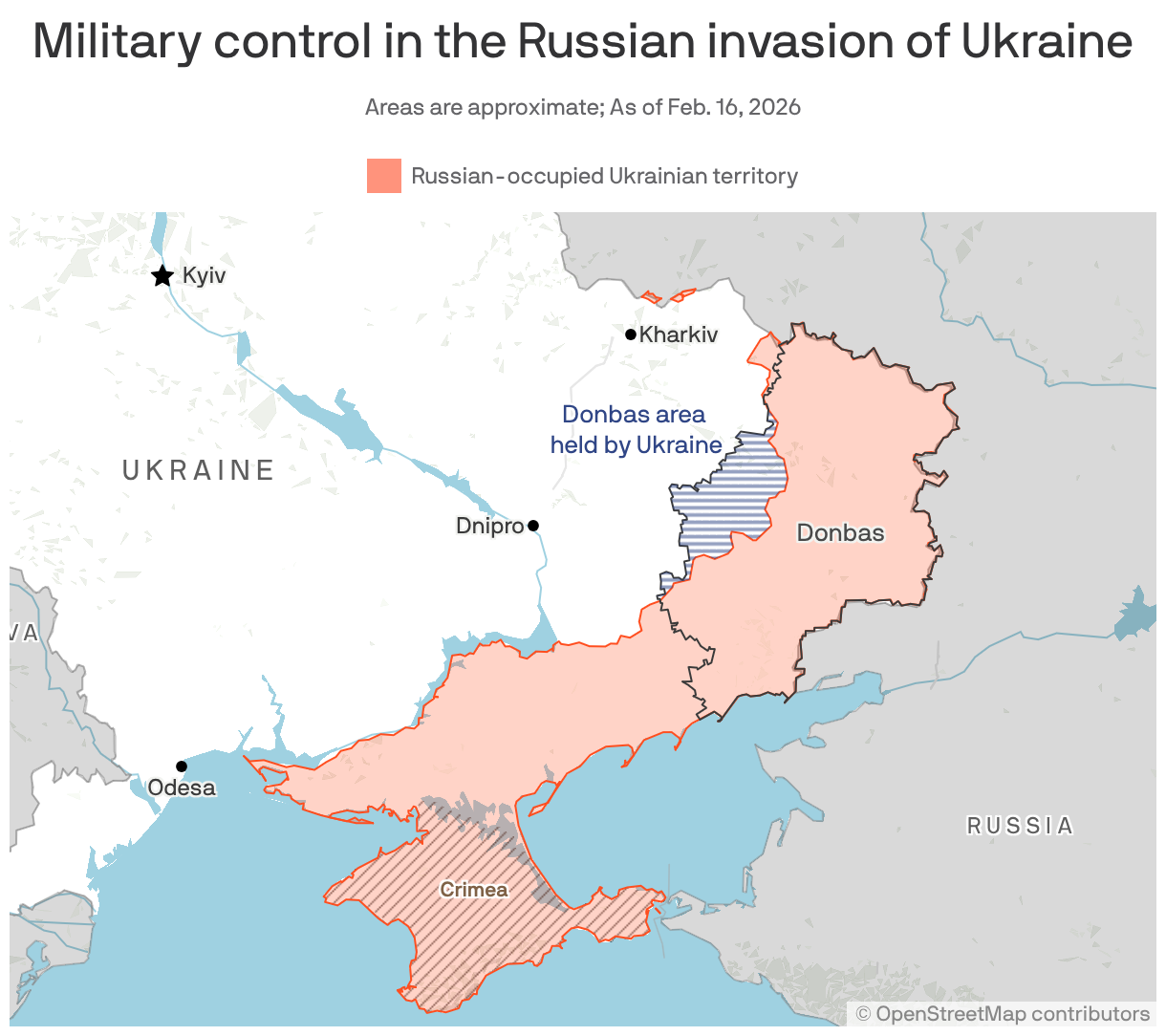 A map of Ukraine showing key cities and the approximate area of Russian-occupation as of Feb. 16, 2026. It also shows the Donbas region, and highlights the parts of that region that are not currently controlled by Russia.