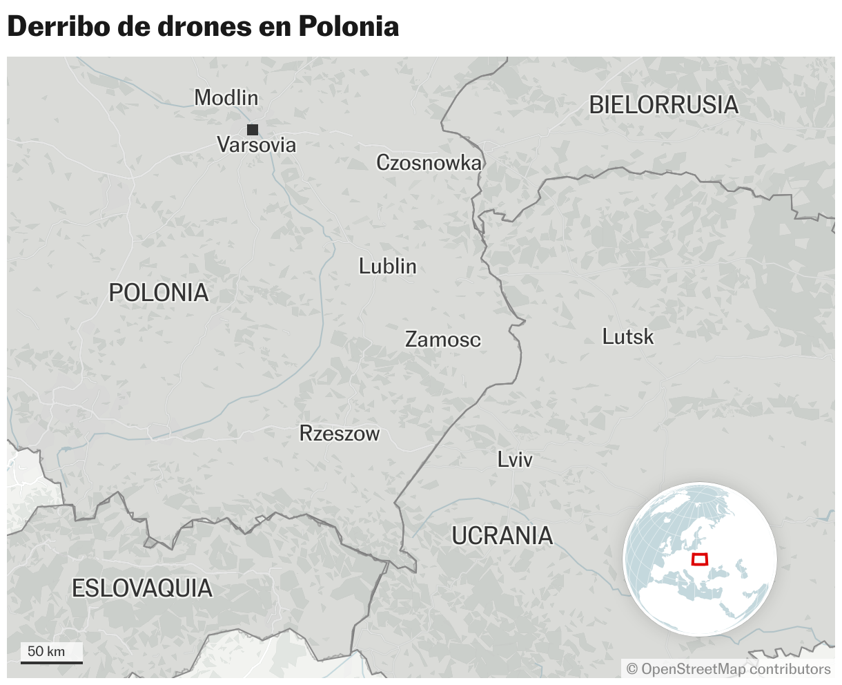 Derribo de drones en Polonia (Mapas de ubicación)