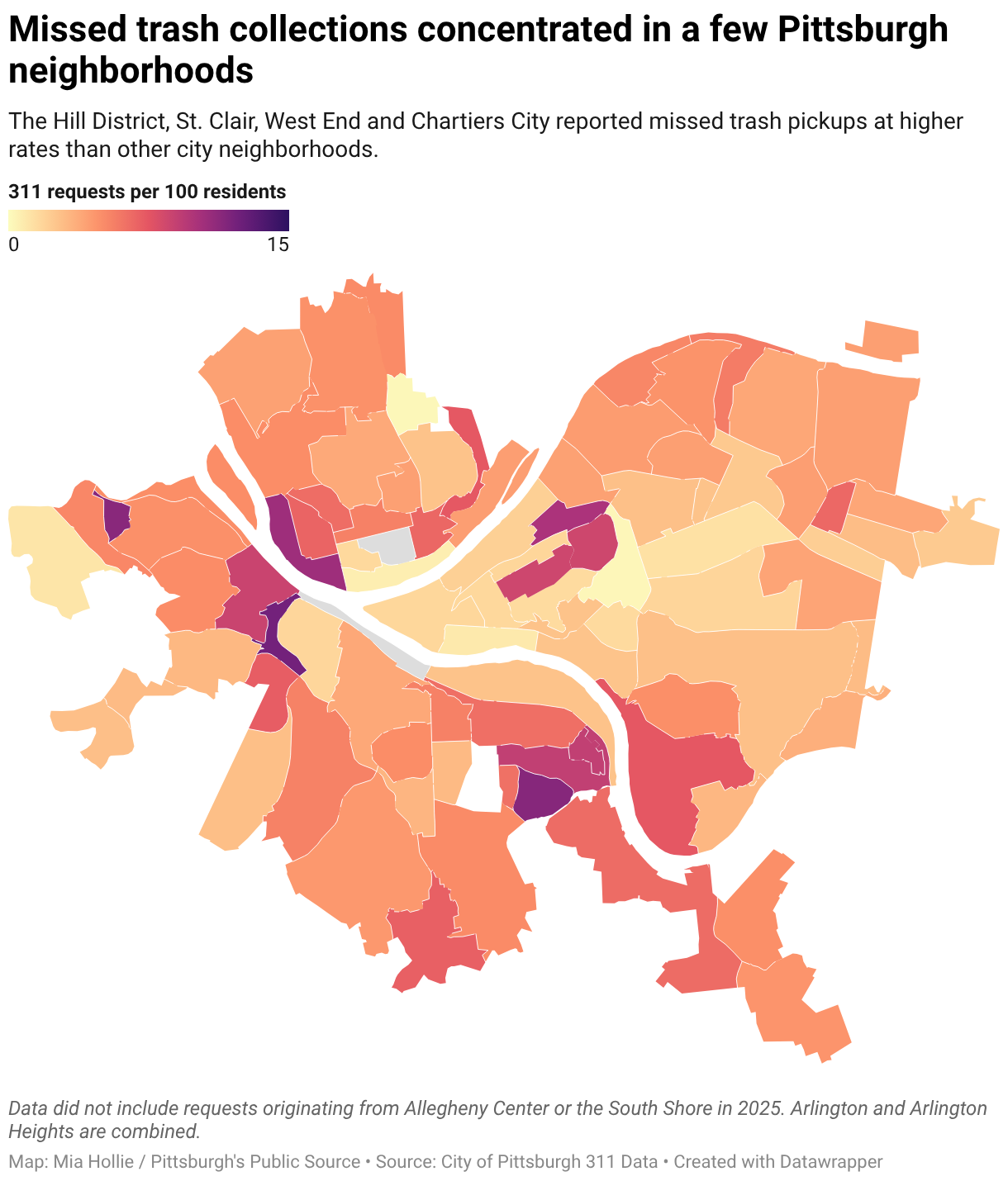 Missed trash collections concentrated in a few Pittsburgh neighborhoods (Choropleth map)