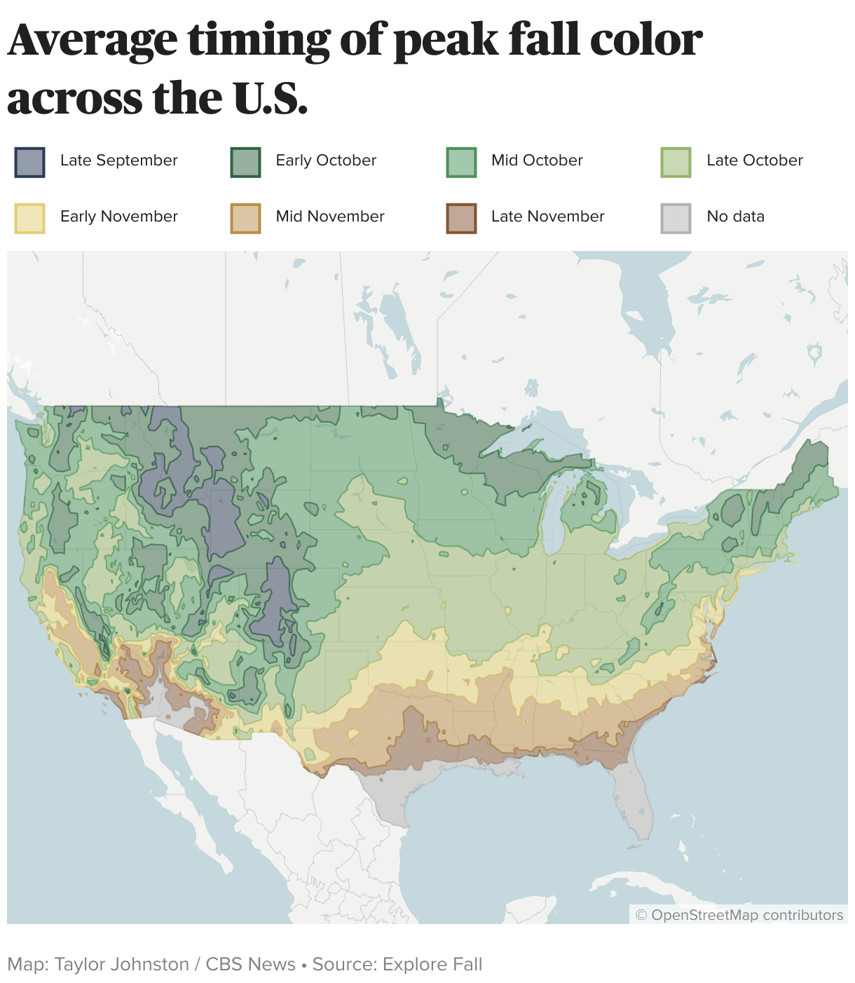 U.S. map showing the average timing of peak fall color.