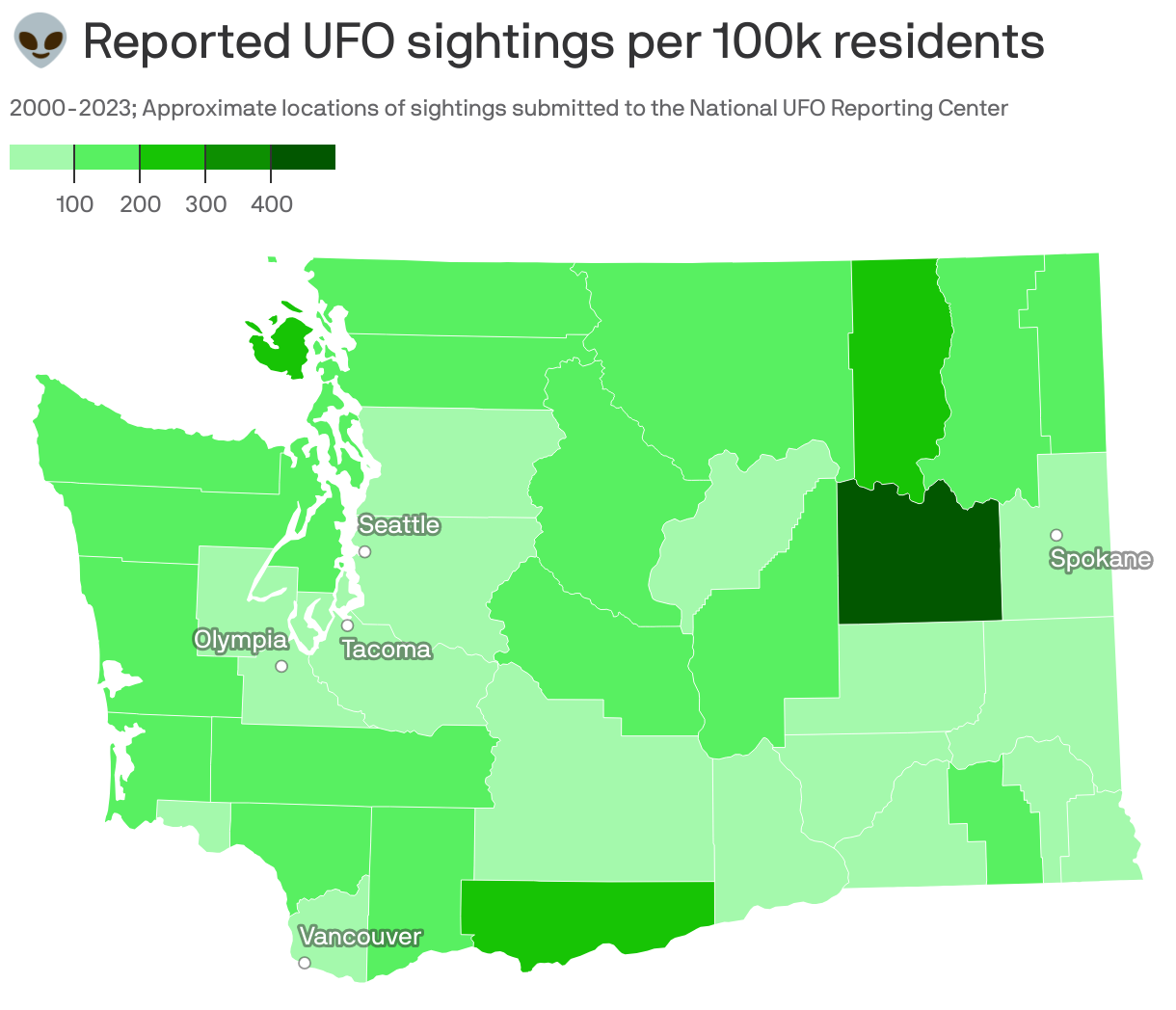 👽 Reported UFO sightings per 100k residents