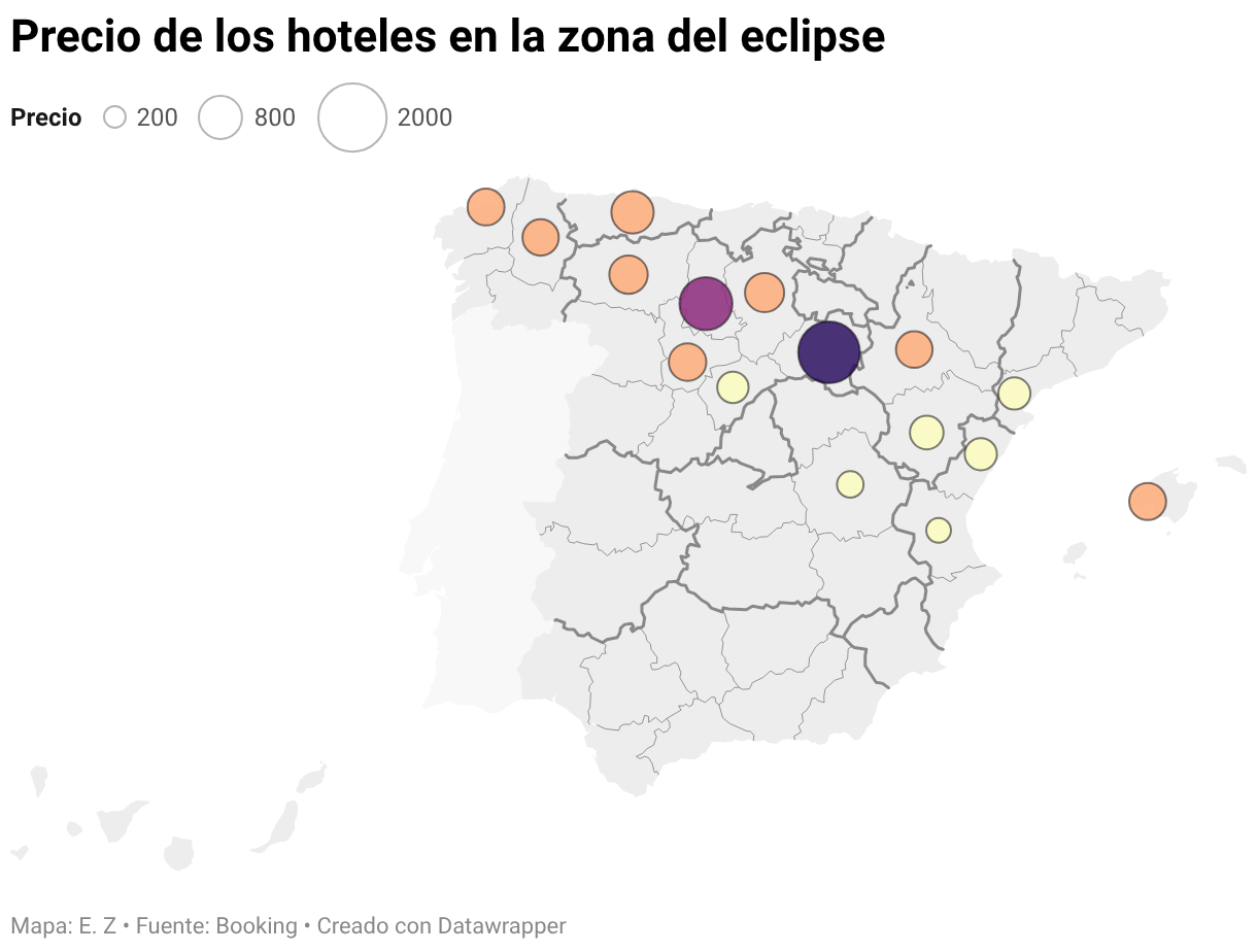 Precio de los hoteles en la zona del eclipse (Mapa del símbolo)