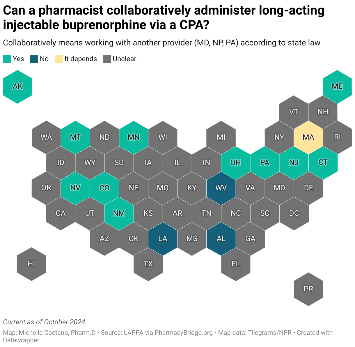 Can a pharmacist collaboratively administer long-acting injectable buprenorphine via a CPA? (Choropleth map)