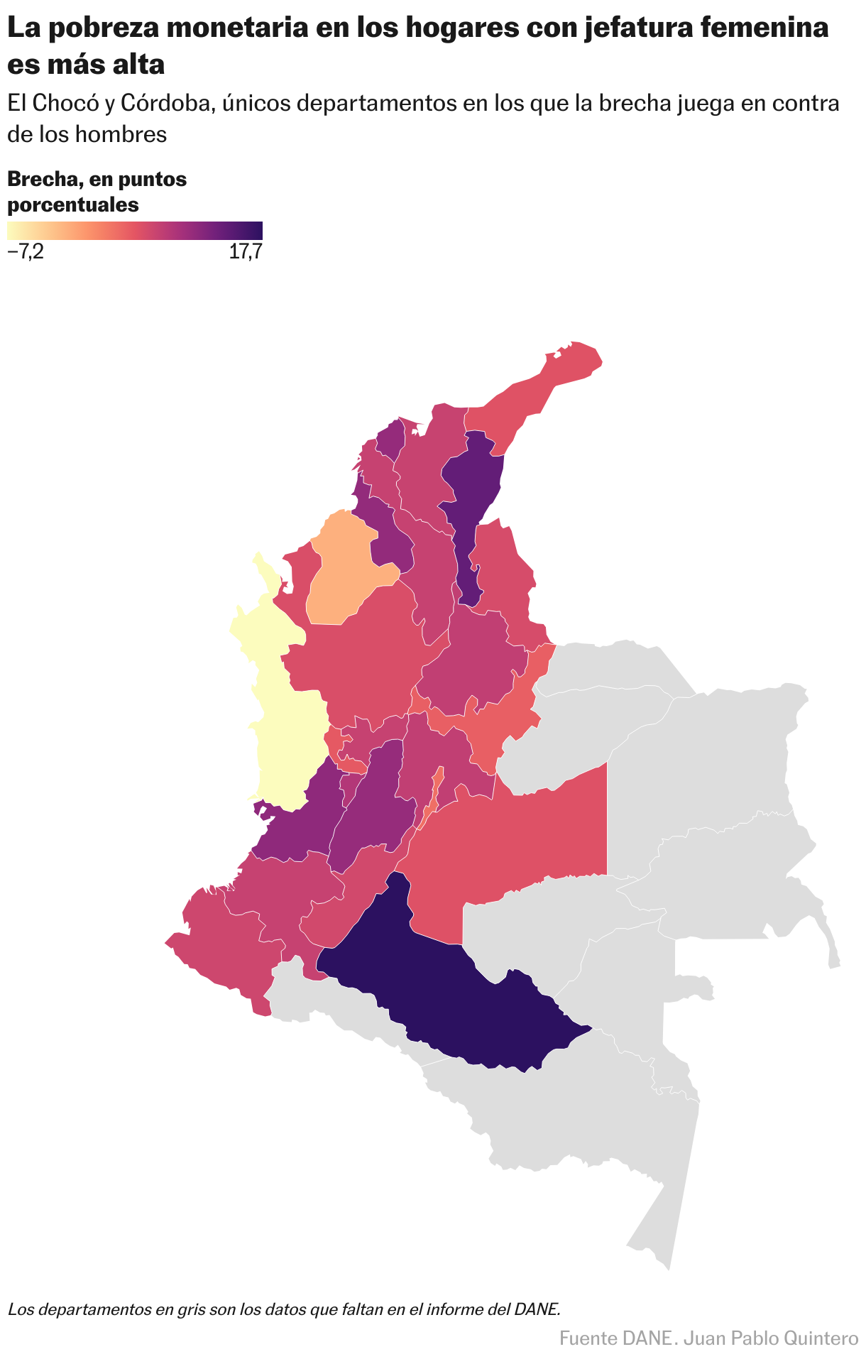 La pobreza monetaria en los hogares con jefatura femenina es más alta (Mapa coroplético)