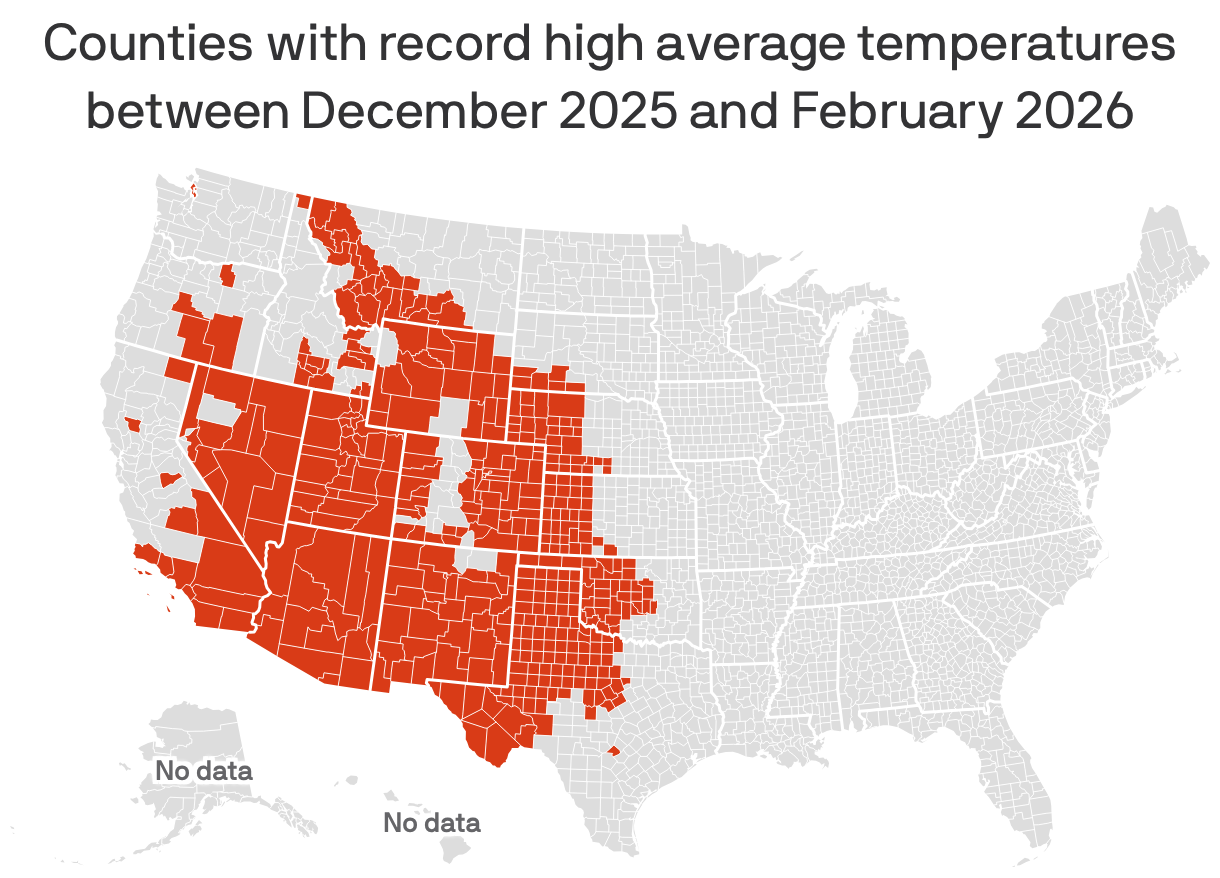 A choropleth map of the U.S. showing counties with record high average temperatures between December 2025 and February 2026, over 131 years of record-keeping. 