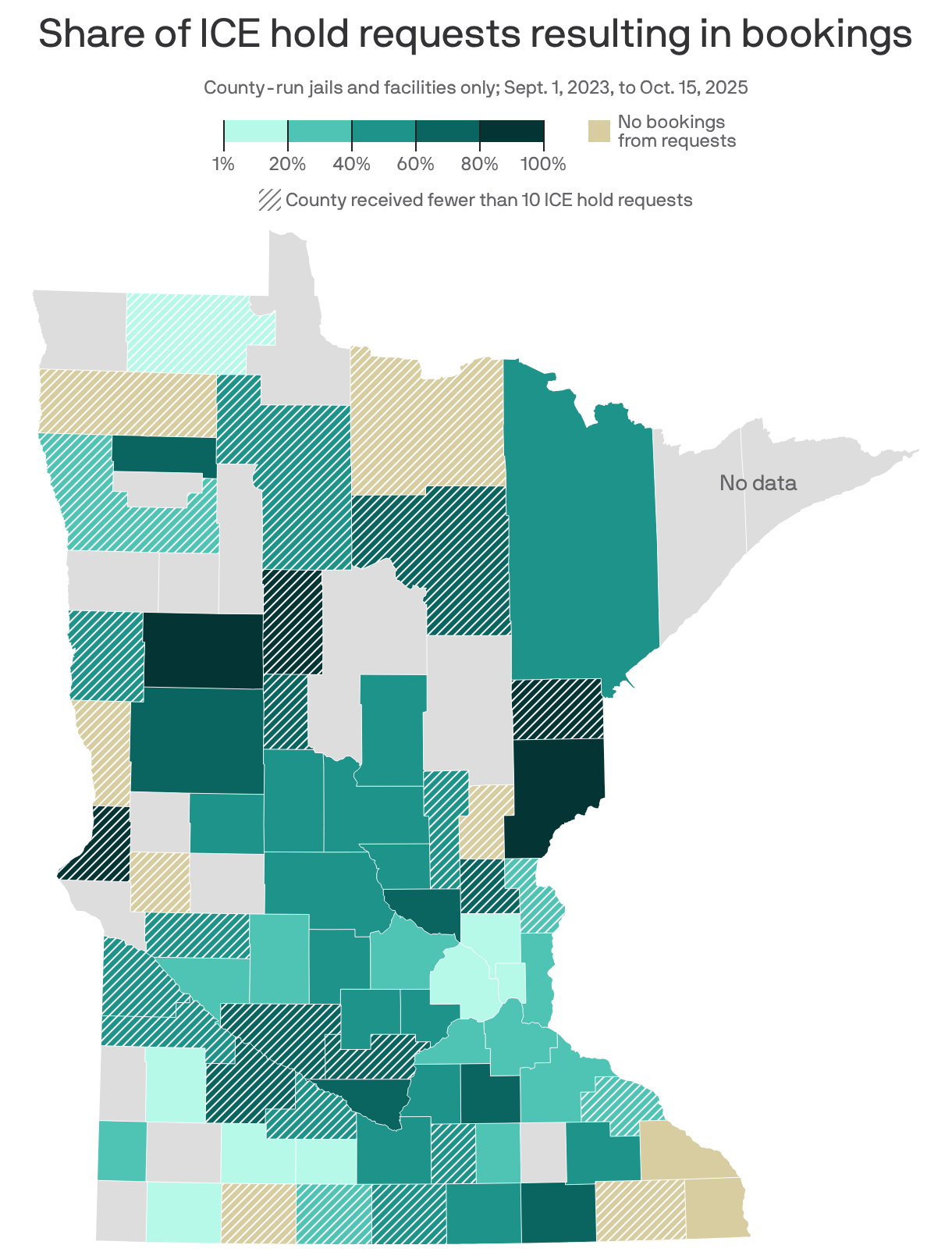 A map of Minnesota's 87 counties highlighting which counties honored the largest percentage of the detainer requests they received from Immigration and Customs Enforcement (ICE). Counties in rural Minnesota were most likely to coordinate with and honor these hold requests at their jails and facilities. 