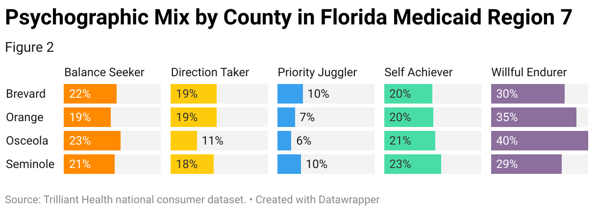A chart shows the percentage of patients in Florida’s Medicaid Region 7 in each psychographic segment.