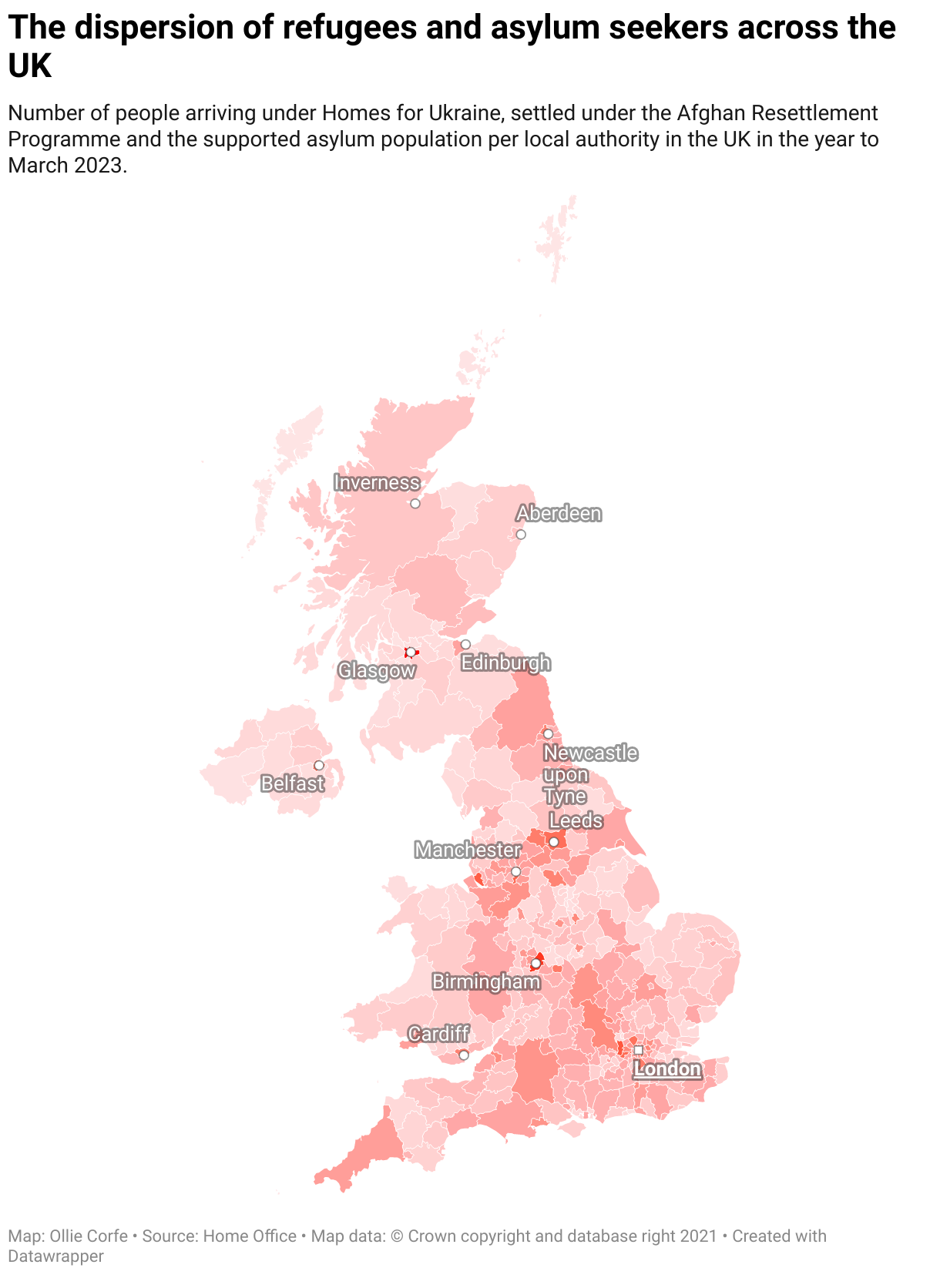 Map of UK local authorities by refugees and asylum seekers.