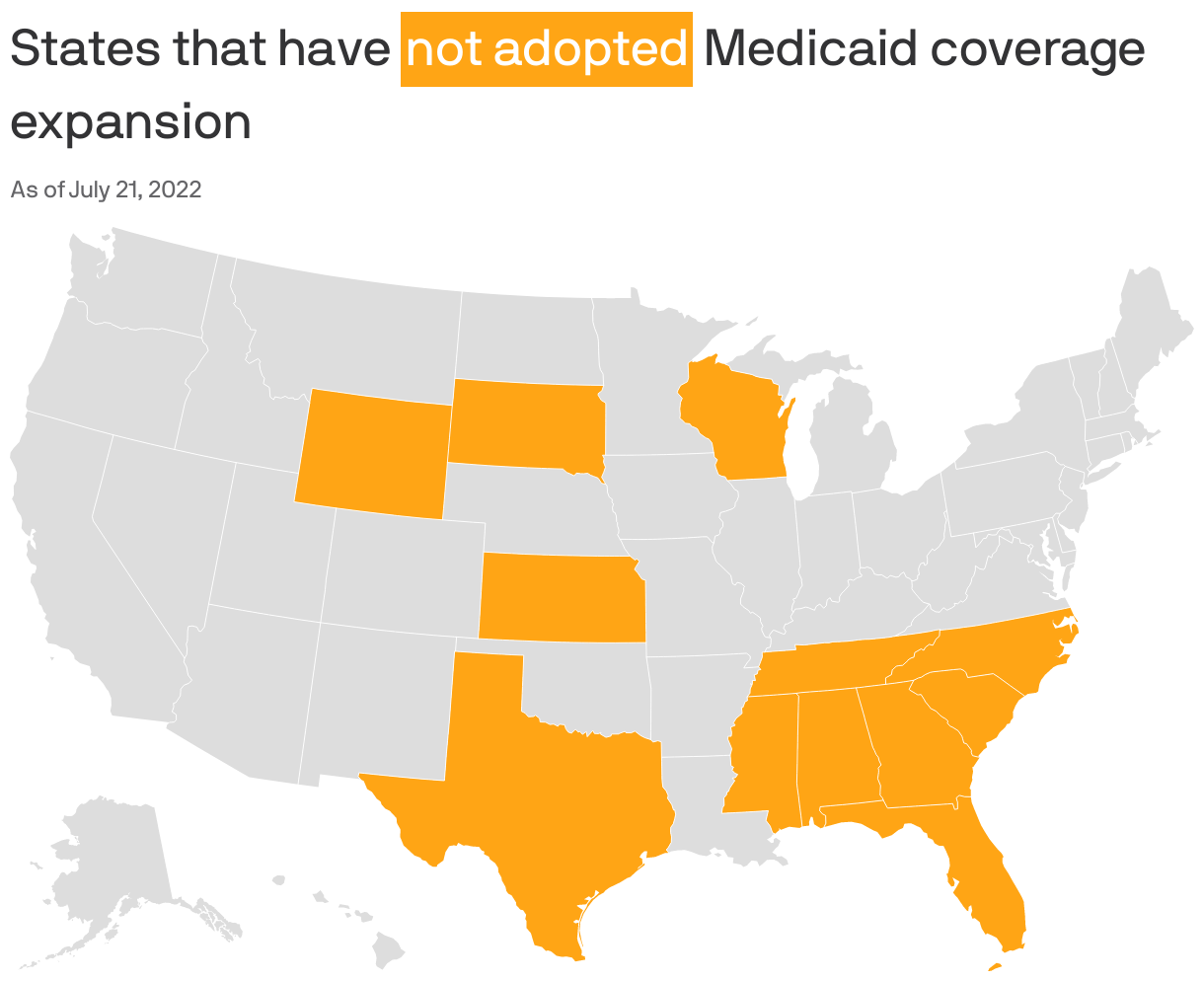 States that have <span style="display: inline-block; margin: 1px 0px; background: #ffa515; padding: 2px; color: white; white-space: nowrap">not adopted</span> Medicaid coverage expansion