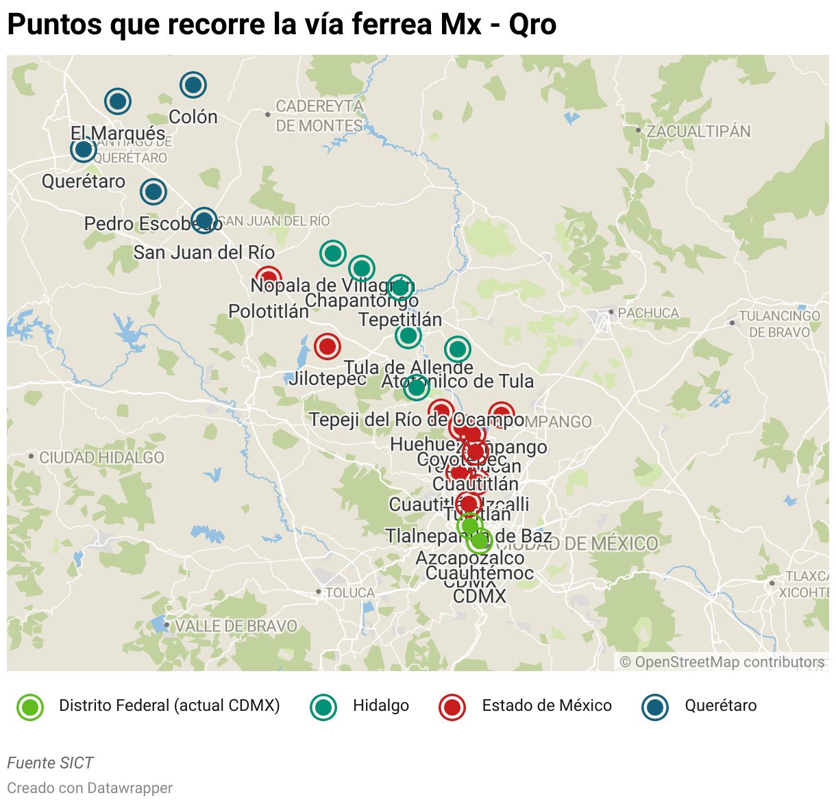 Puntos que recorre la vía ferrea Mx - Qro (Mapas de ubicación)