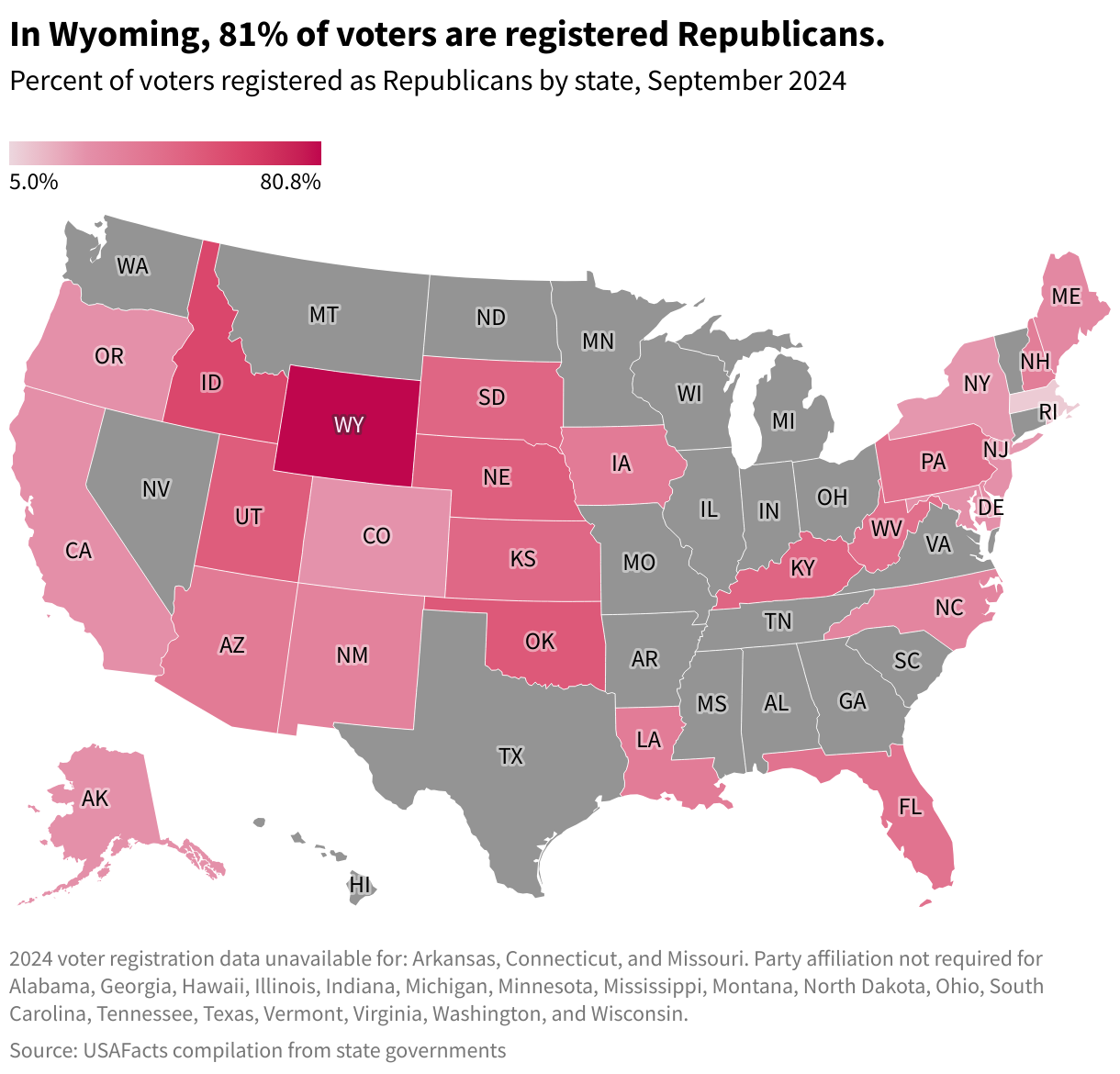 Percent of voters registered as Republicans by state, September 2024