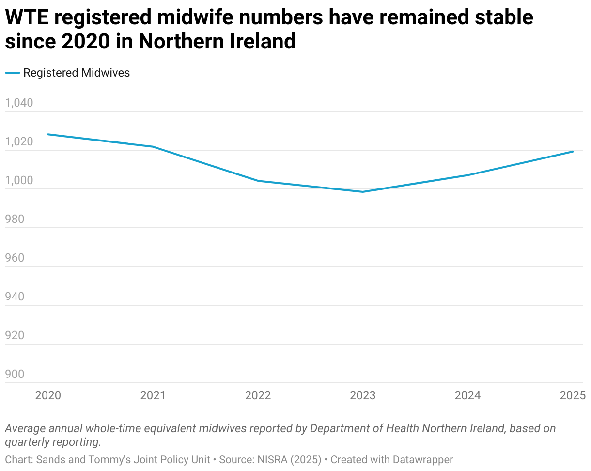 A line graph showing the WTE number of registered midwives in Northern Ireland, from 2020 to 2025. Aside from a slight dip in 2023, the trend has stayed stable over this time period.