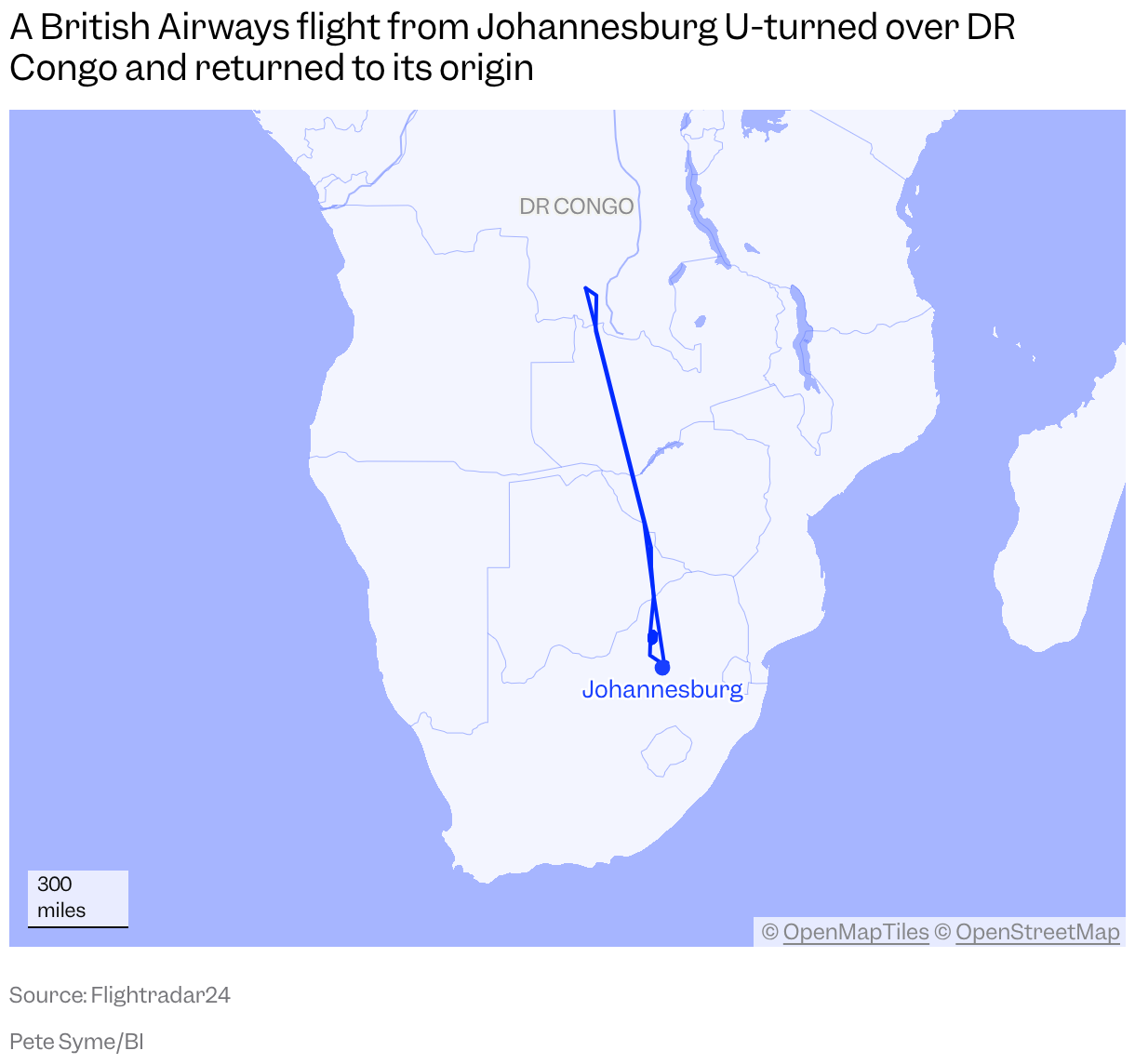 A map of Africa shows the path of British Airways Flight 54 on August 8, 2026, which returned to Johannesburg after U-turning over the Democratic Republic of the Congo