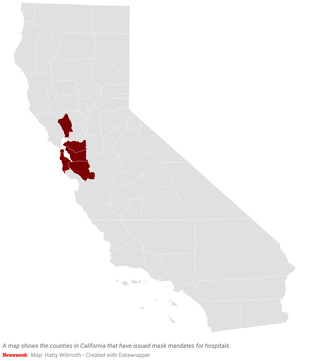 El mapa muestra los condados de California donde se han emitido mandatos de uso de mascarillas para los hospitales. Algunos condados del Área de la Bahía están en rojo.