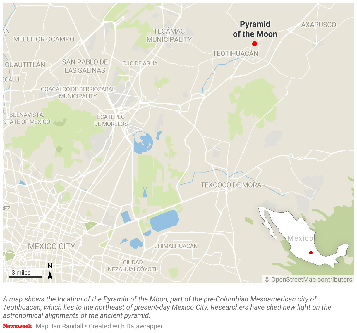 A map shows the location of the Pyramid of the Moon, part of the pre-Columbian Mesoamerican city of Teotihuacan, which lies on the outskirt of present-day Mexico City.