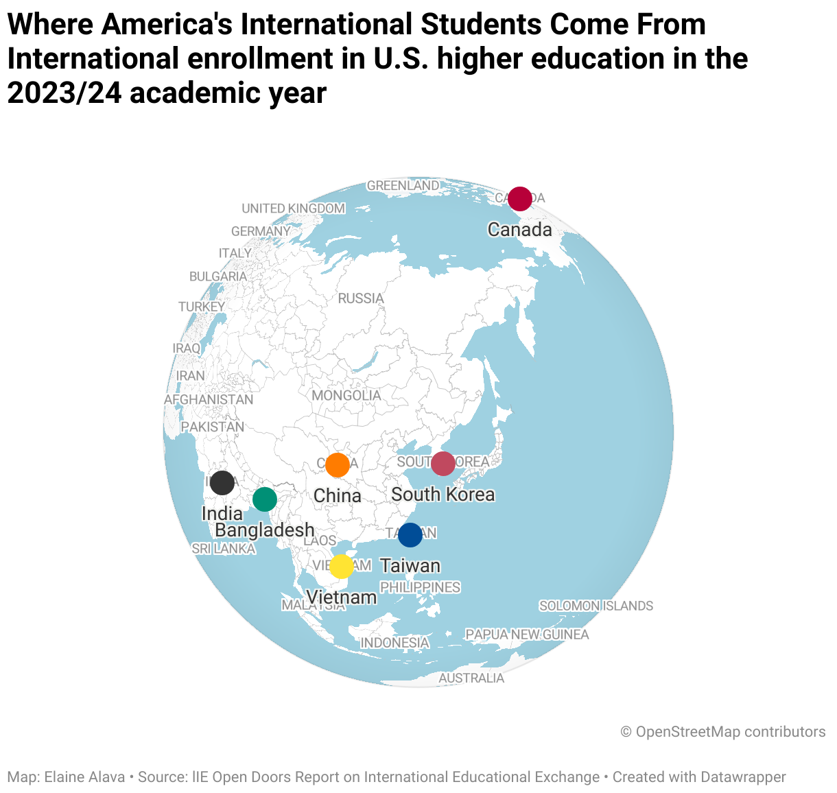 Where America's International Students Come From International enrollment in U.S. higher education in the 2023/24 academic year (Locator map)
