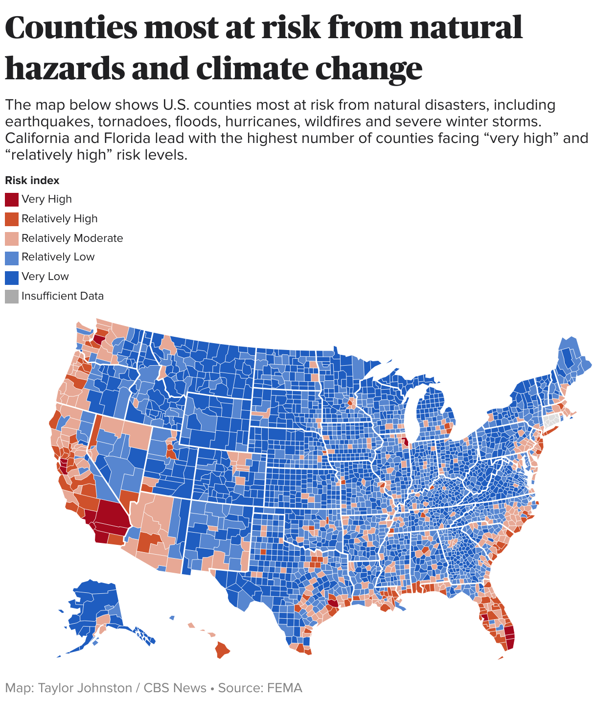 U.S. map showing the National Risk Index by county.