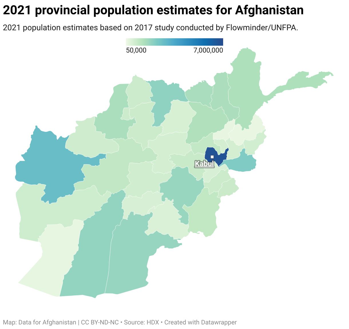 Afghanistan provincial population statistics. 2021 estimates based on 2017 study conducted by Flowminder/UNFPA.