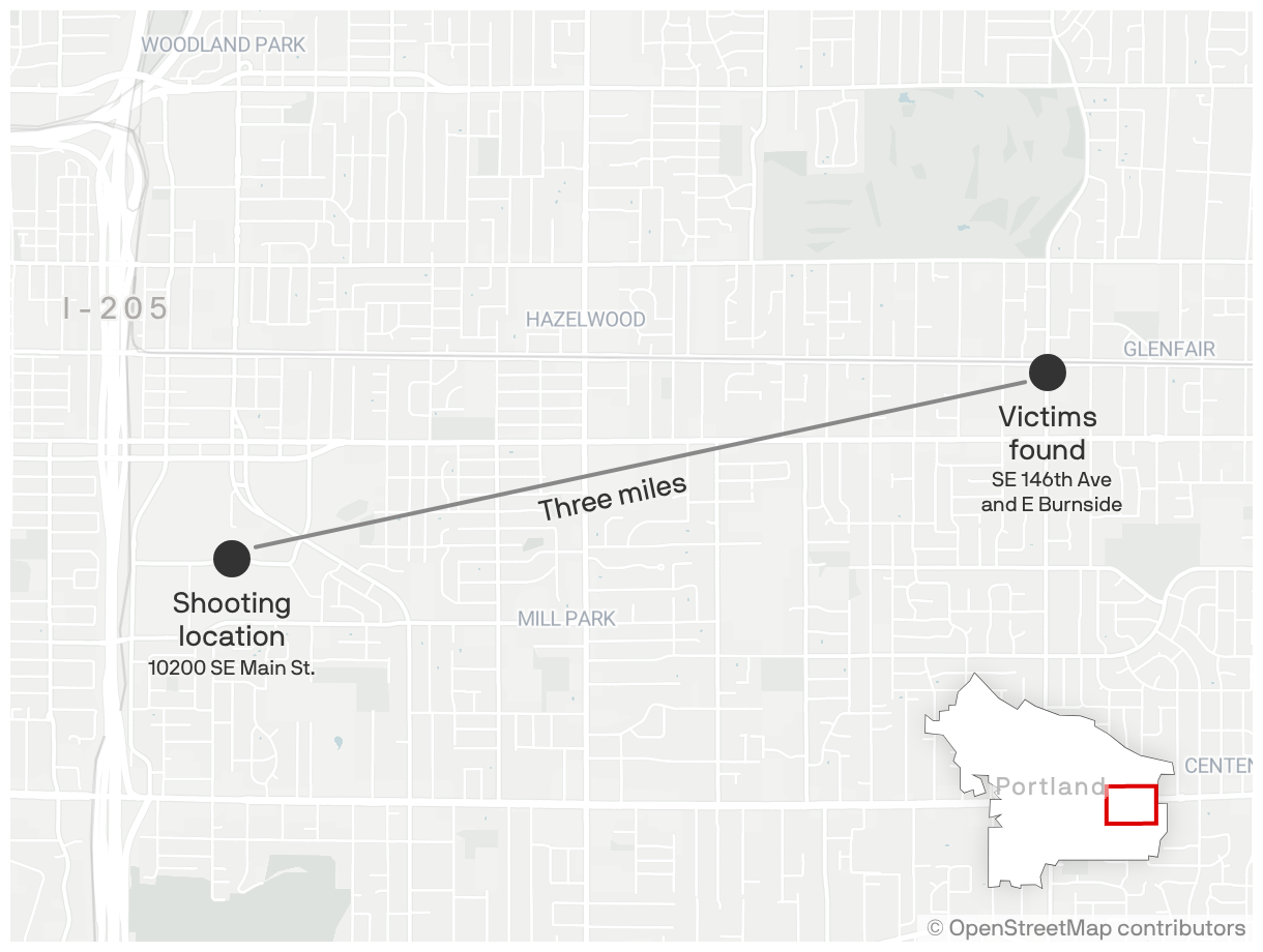 A map of Portland shows the location of the Jan. 8 Border Patrol shooting, 10200 SE Main St., as well as where the victims were found, nearly three miles away at SE 146th Ave. and E Burnside.