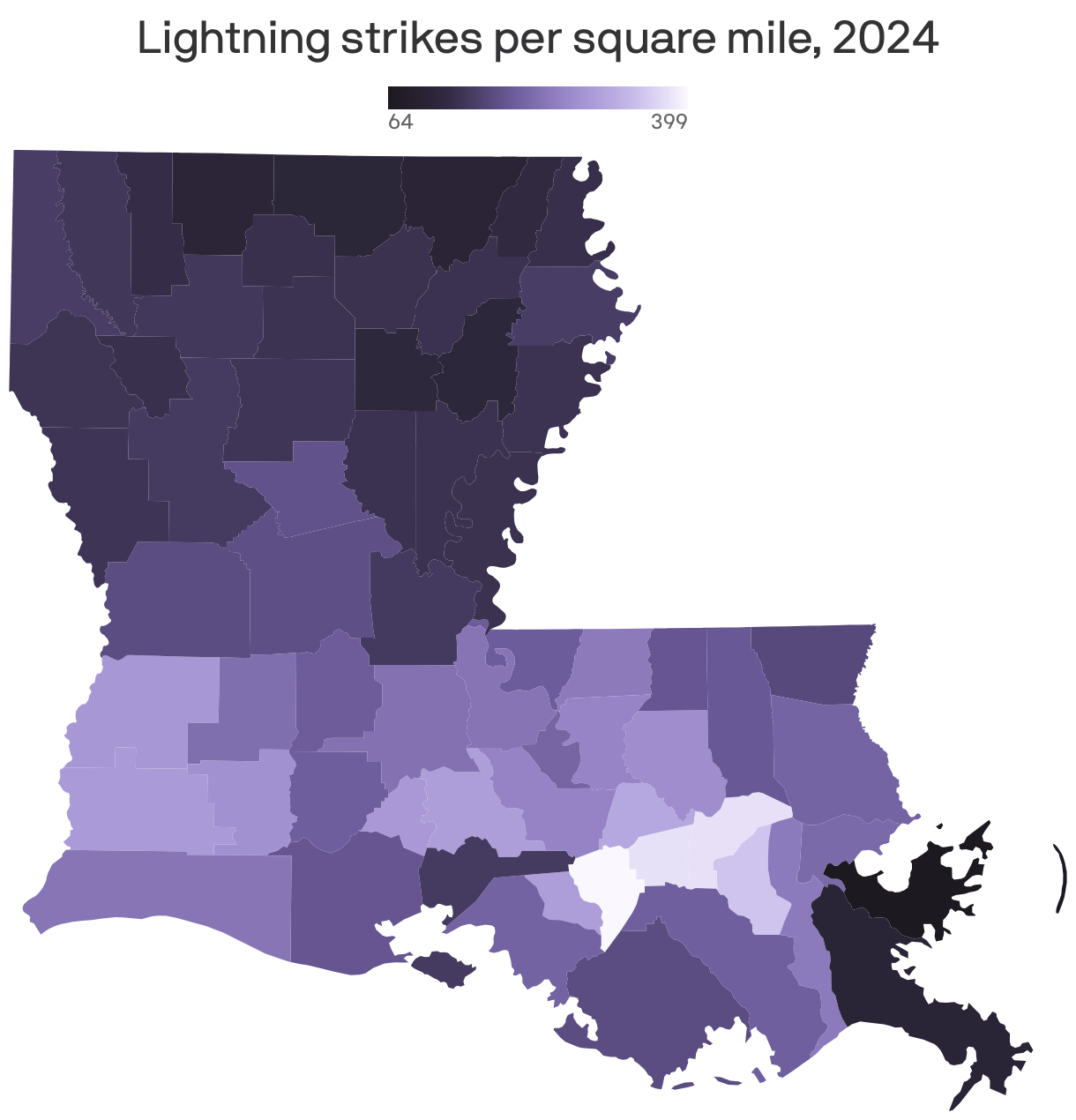 A map showing lightning strikes per square mile in 2024.
