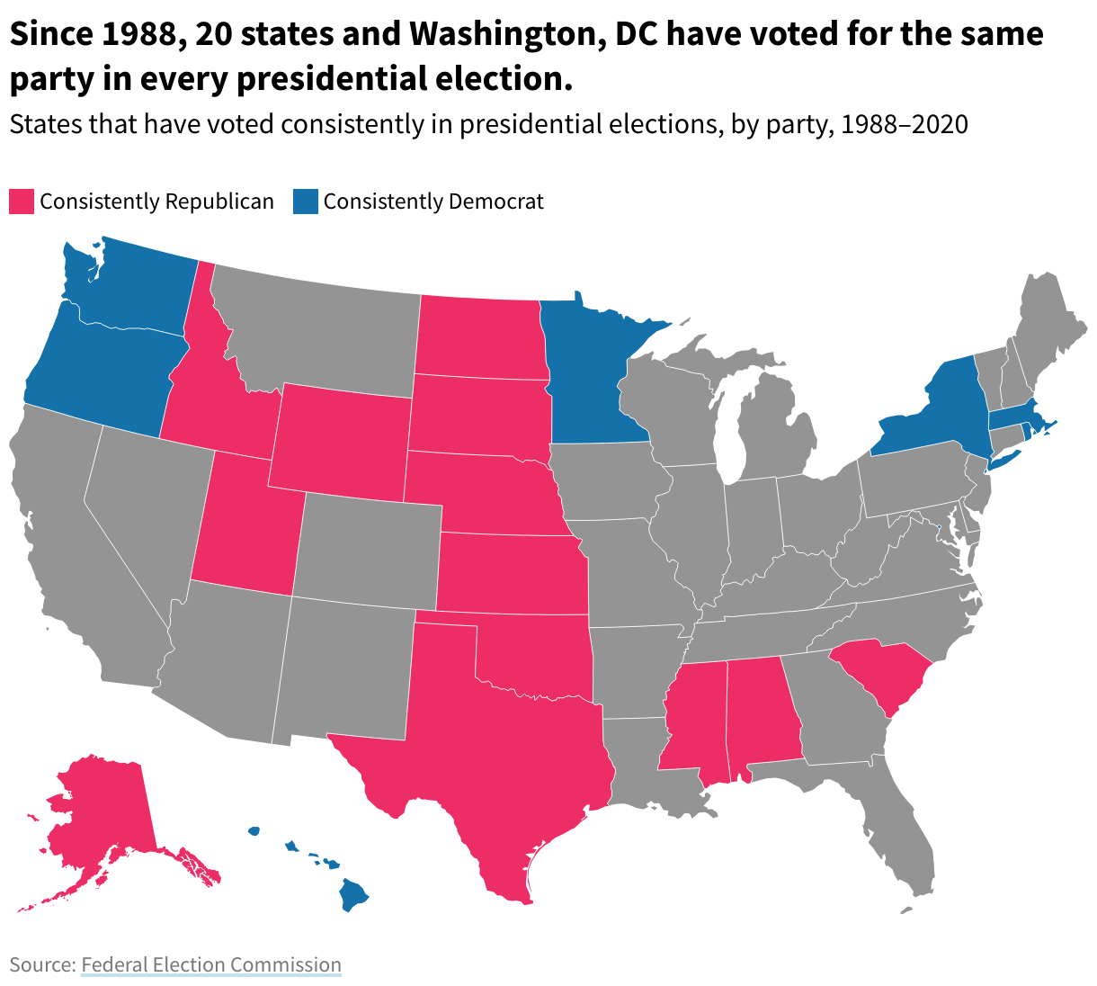 US state map showing the States that have voted consistently in presidential elections by party