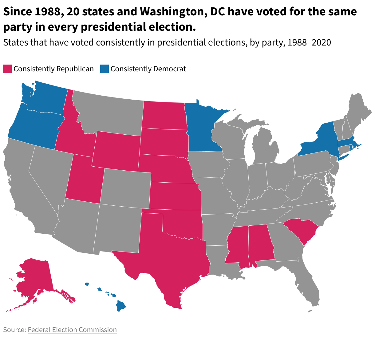 US state map showing the States that have voted consistently in presidential elections by party