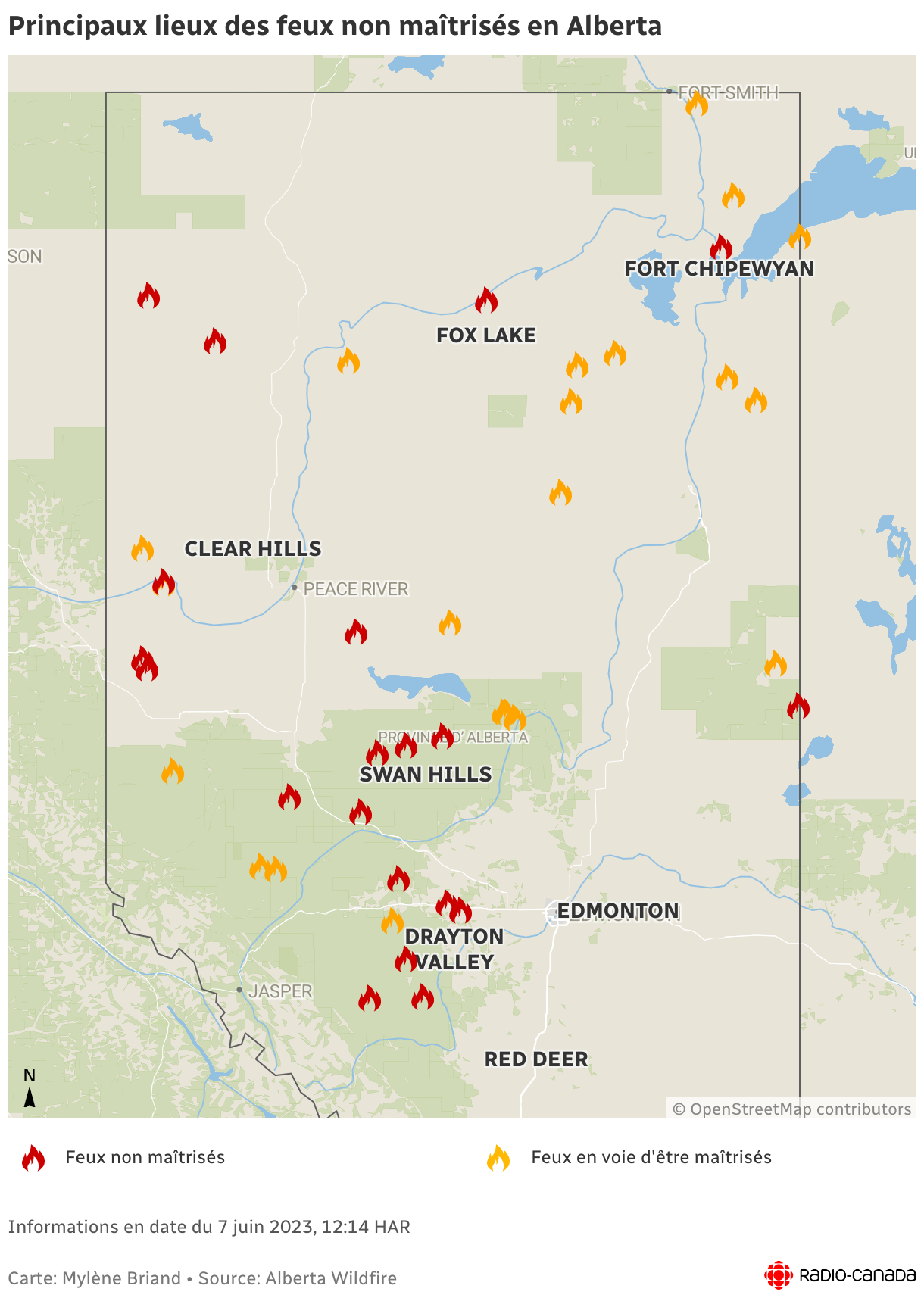 Carte de l'Alberta avec des symboles de feux en rouge à plusieurs endroits du nord et du centre de la province. 