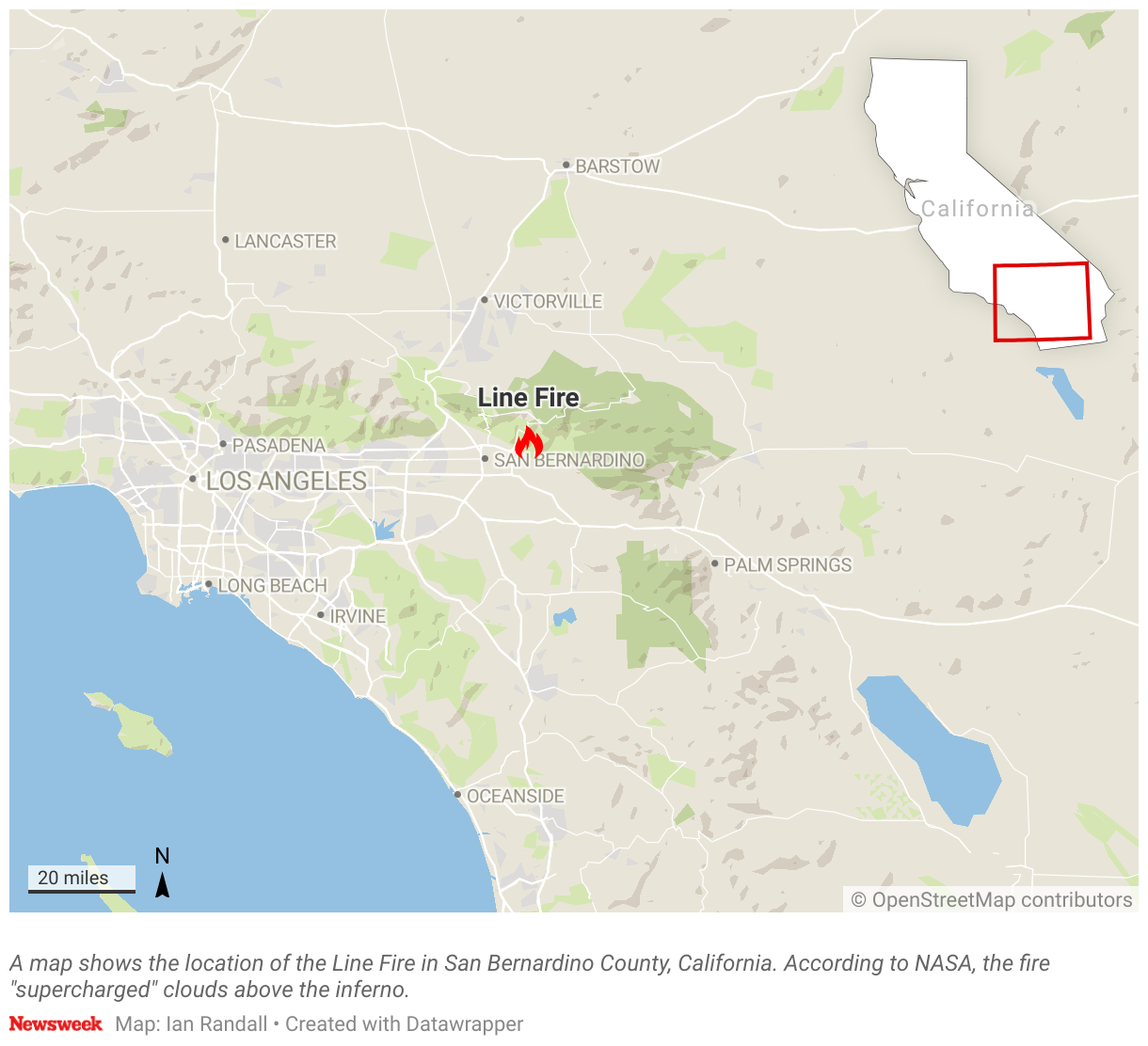 A map shows the location of the Line Fire in San Bernardino County, California.