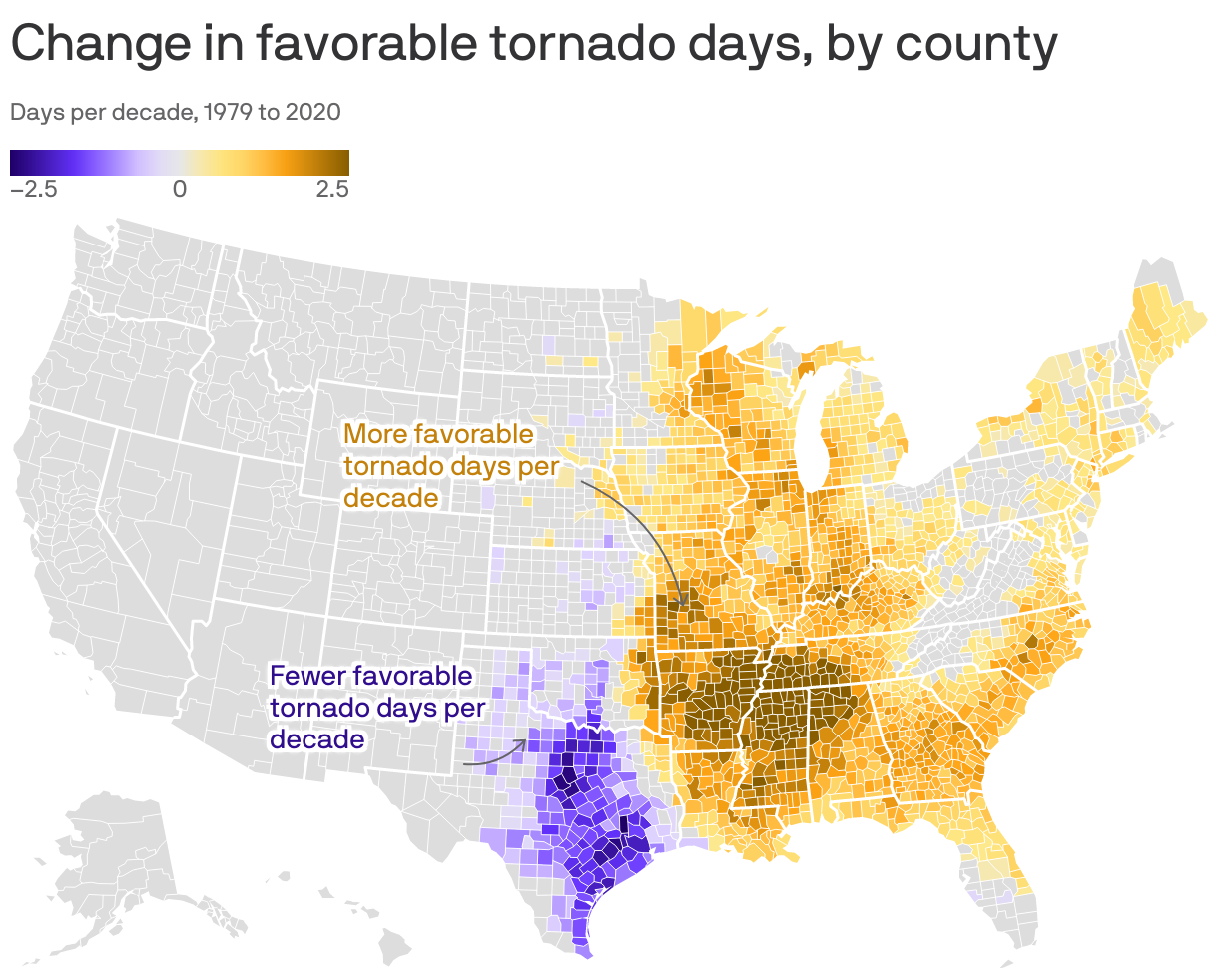 Change in favorable tornado days, by county
