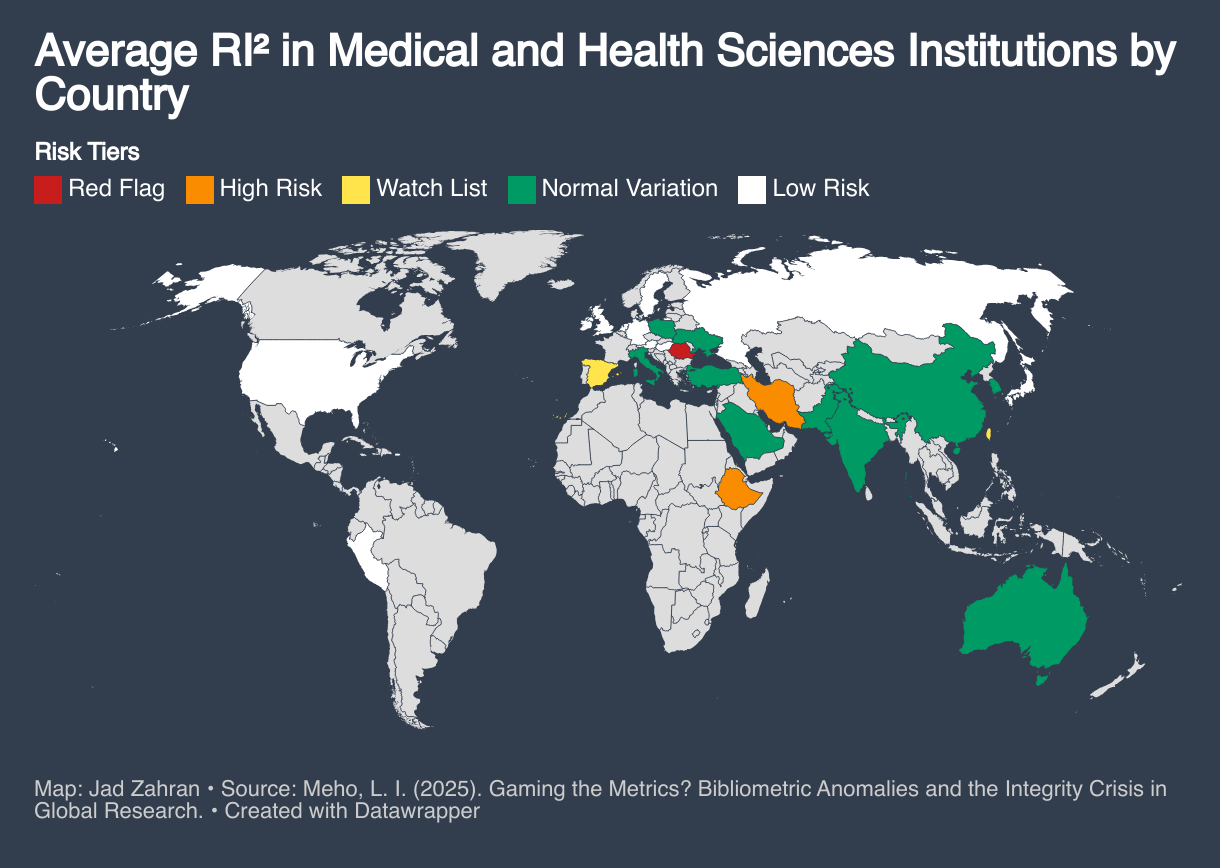 Average RI² in Medical and Health Sciences Institutions by Country (Choropleth map)