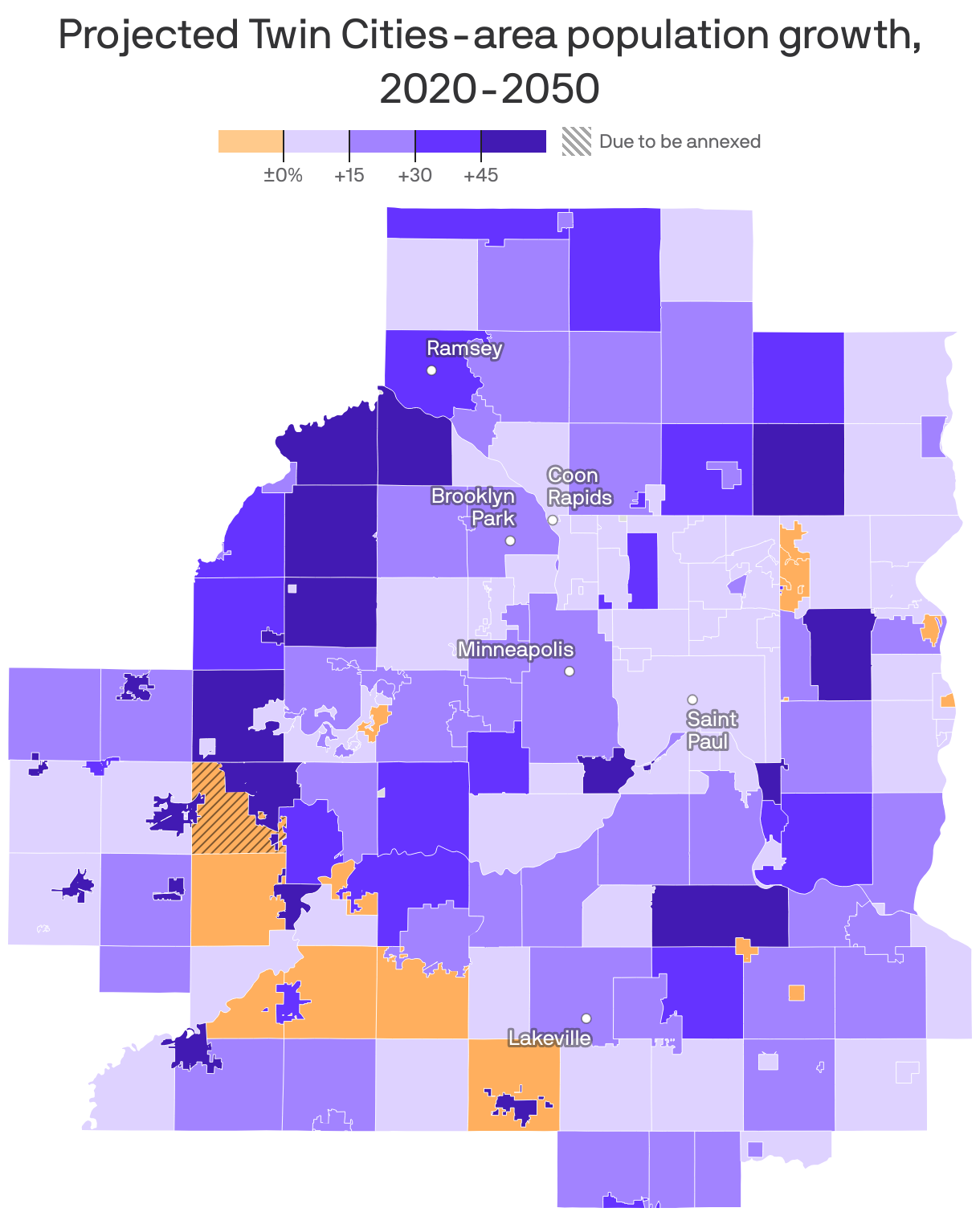 A map showing projected Twin Cities-area population growth, 2020-2050. Most areas are expected to grow, particularly the suburbs. The metro area in general is expected to grow by about 650k people, or 21%.