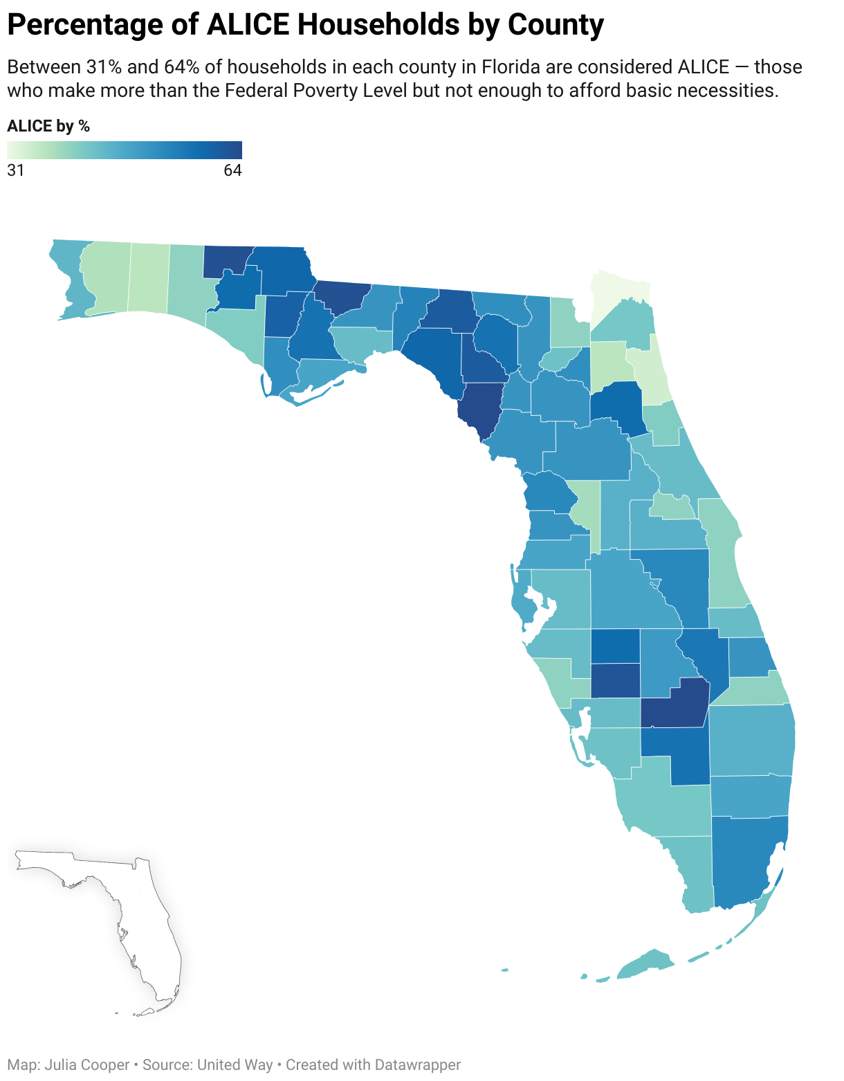 Between 31% and 64% of each county in Florida are considered ALICE households— those who make more than the Federal Poverty Level but not enough to afford basic necessities.