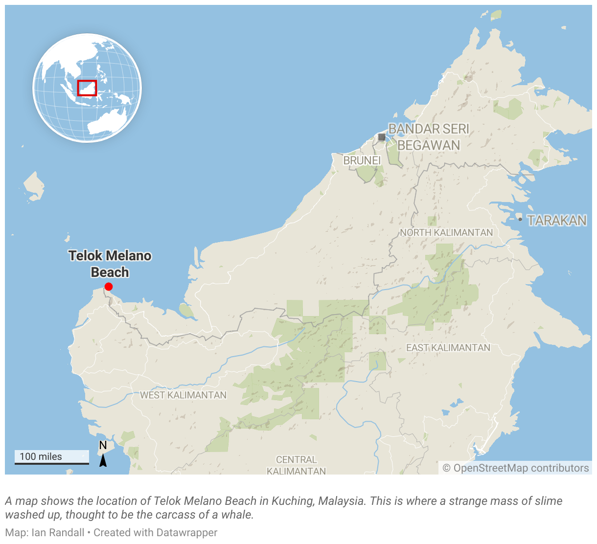 A map shows the location of Teluk Melano Beach in Kuching, Malaysia.