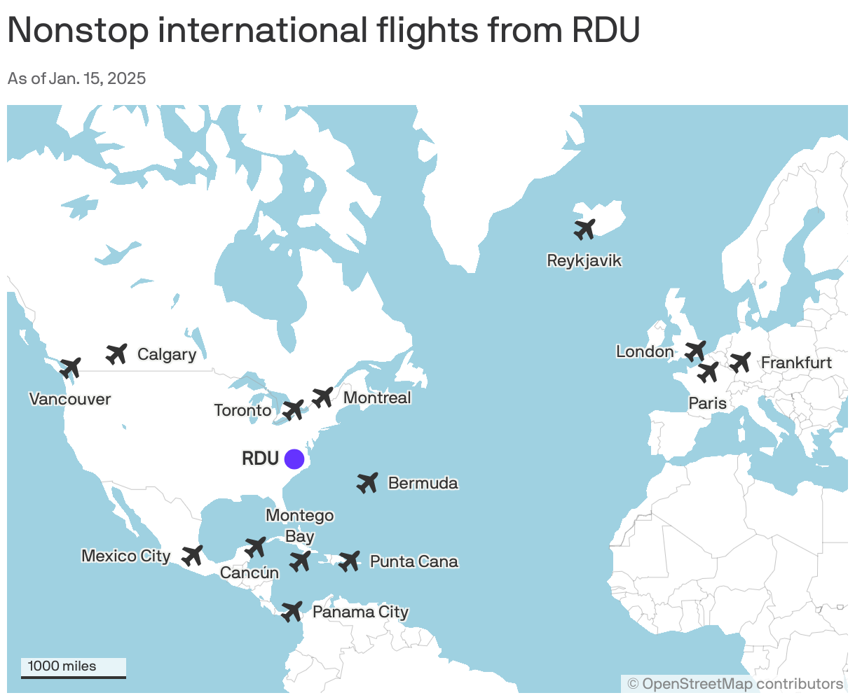 A map showing 14 nonstop international flights from Raleigh Durham Airport, as of January 2025.