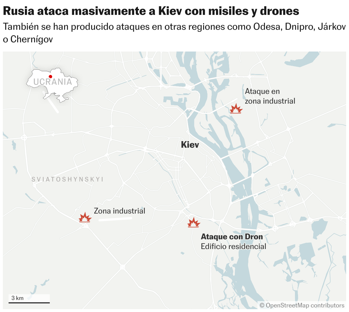 Rusia ataca masivamente a Kiev con misiles y drones (Mapas de ubicación)