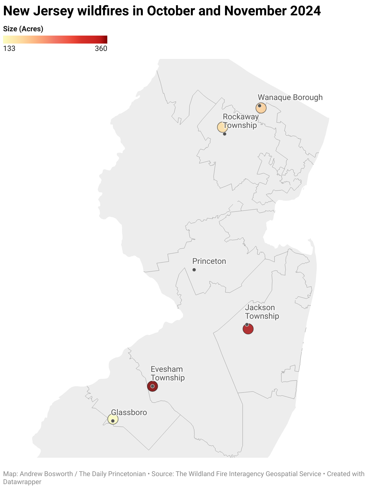 Map of Central and North New Jersey and five recent wildfires and location related to Princeton.